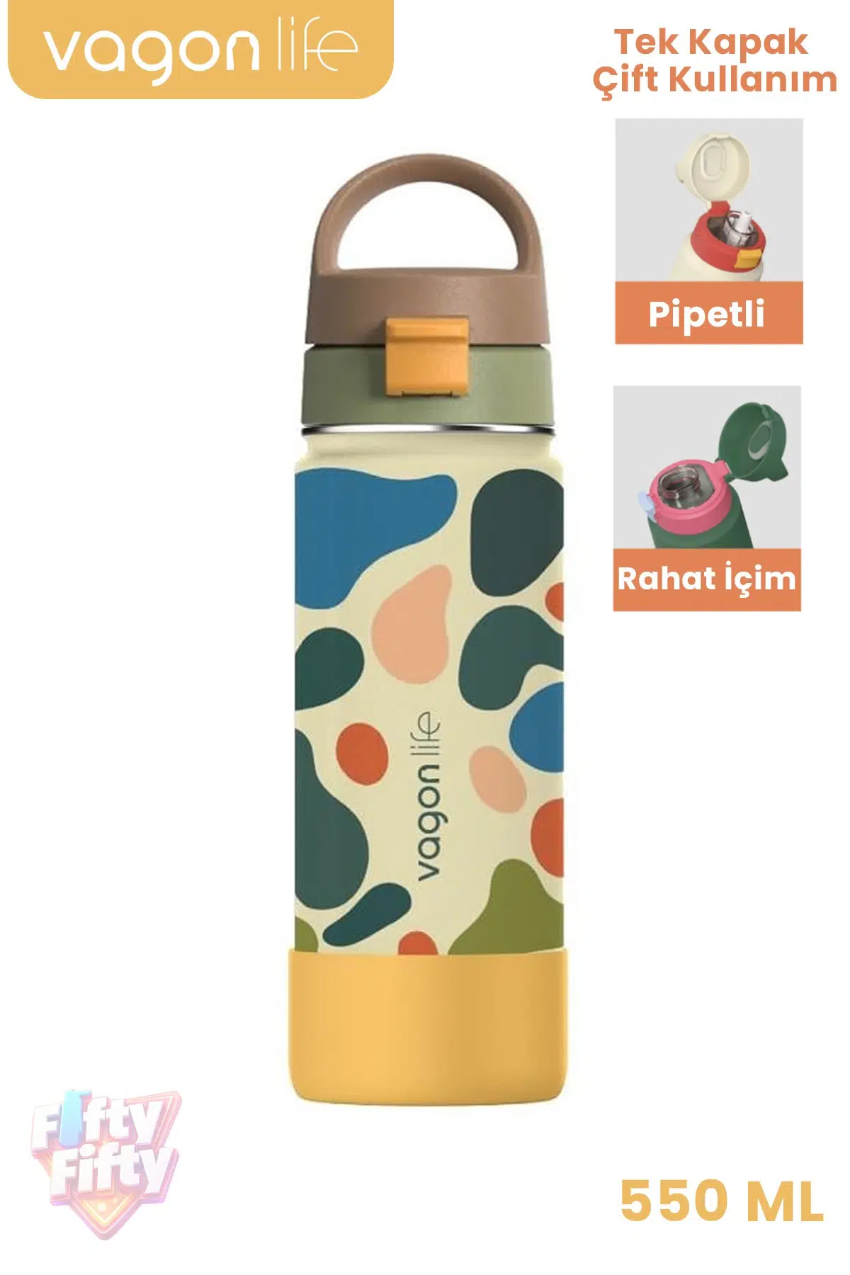550 ML Desenli Tek Kapak Çift Kullanım Pipetli Rahat İçim Kulplu Paslanmaz Çelik Termos 1109-550ML - Bej