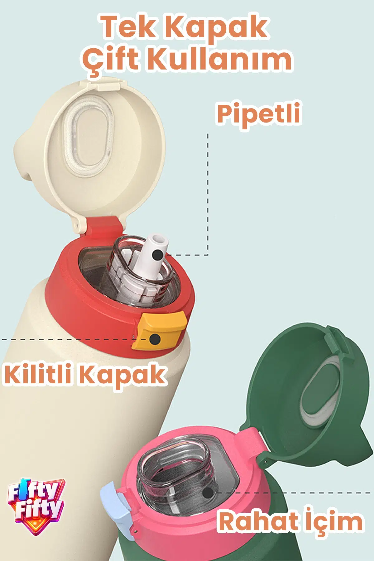 550 ML Desenli Tek Kapak Çift Kullanım Pipetli Rahat İçim Kulplu Paslanmaz Çelik Termos 1109-550ML