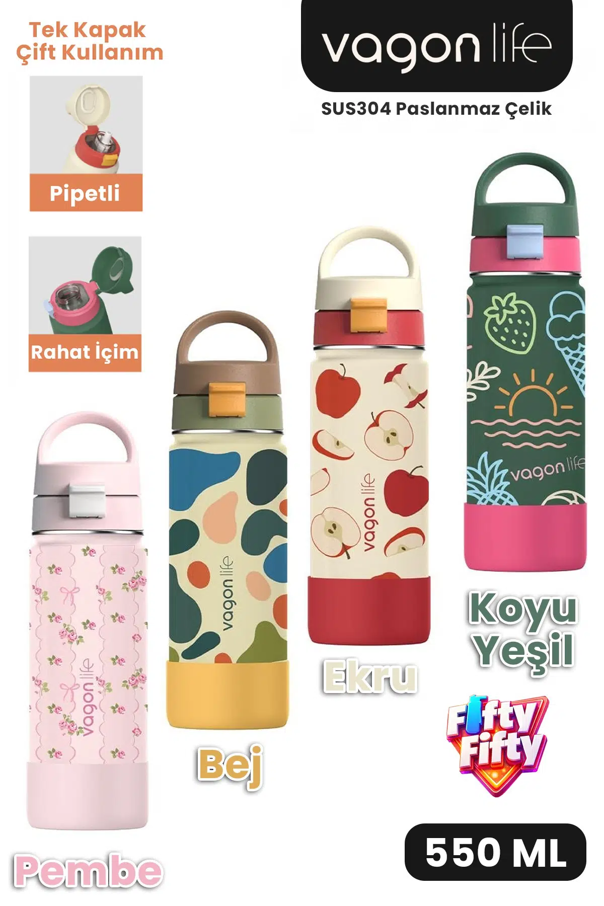 550 ML Desenli Tek Kapak Çift Kullanım Pipetli Rahat İçim Kulplu Paslanmaz Çelik Termos 1109-550ML