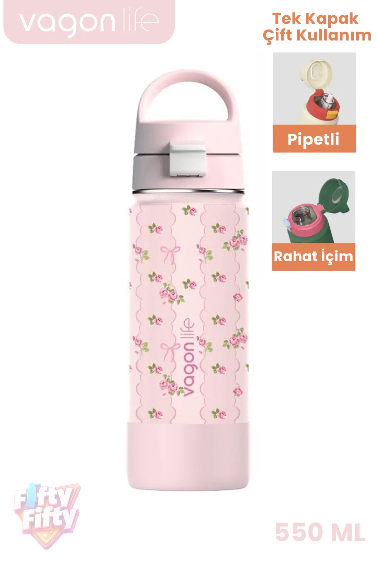 550 ML Desenli Tek Kapak Çift Kullanım Pipetli Rahat İçim Kulplu Paslanmaz Çelik Termos 1109-550ML - Pembe
