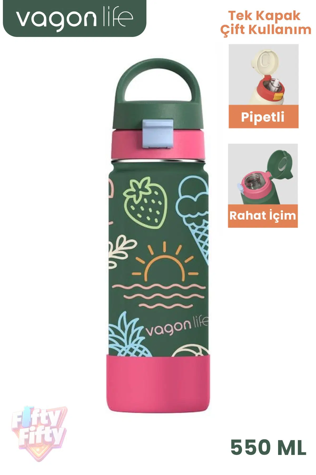 550 ML Desenli Tek Kapak Çift Kullanım Pipetli Rahat İçim Kulplu Paslanmaz Çelik Termos 1109-550ML - KoyuYeşil