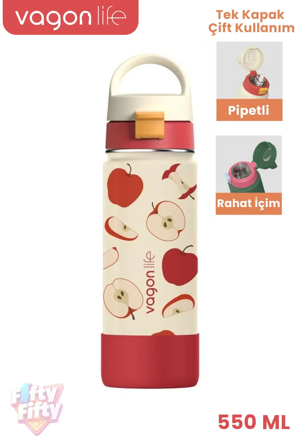 550 ML Desenli Tek Kapak Çift Kullanım Pipetli Rahat İçim Kulplu Paslanmaz Çelik Termos 1109-550ML - Ekru