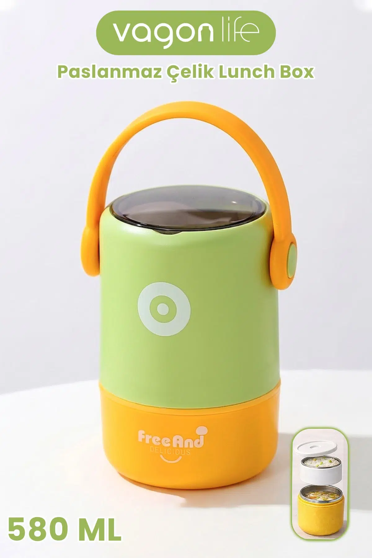 580 ML Sızdırmaz 2 Kaseli 304 Paslanmaz Çelik Lunch Box Yeni Nesil Sefer Tası Kaşıklı Askılı -1267580 - Yeşil