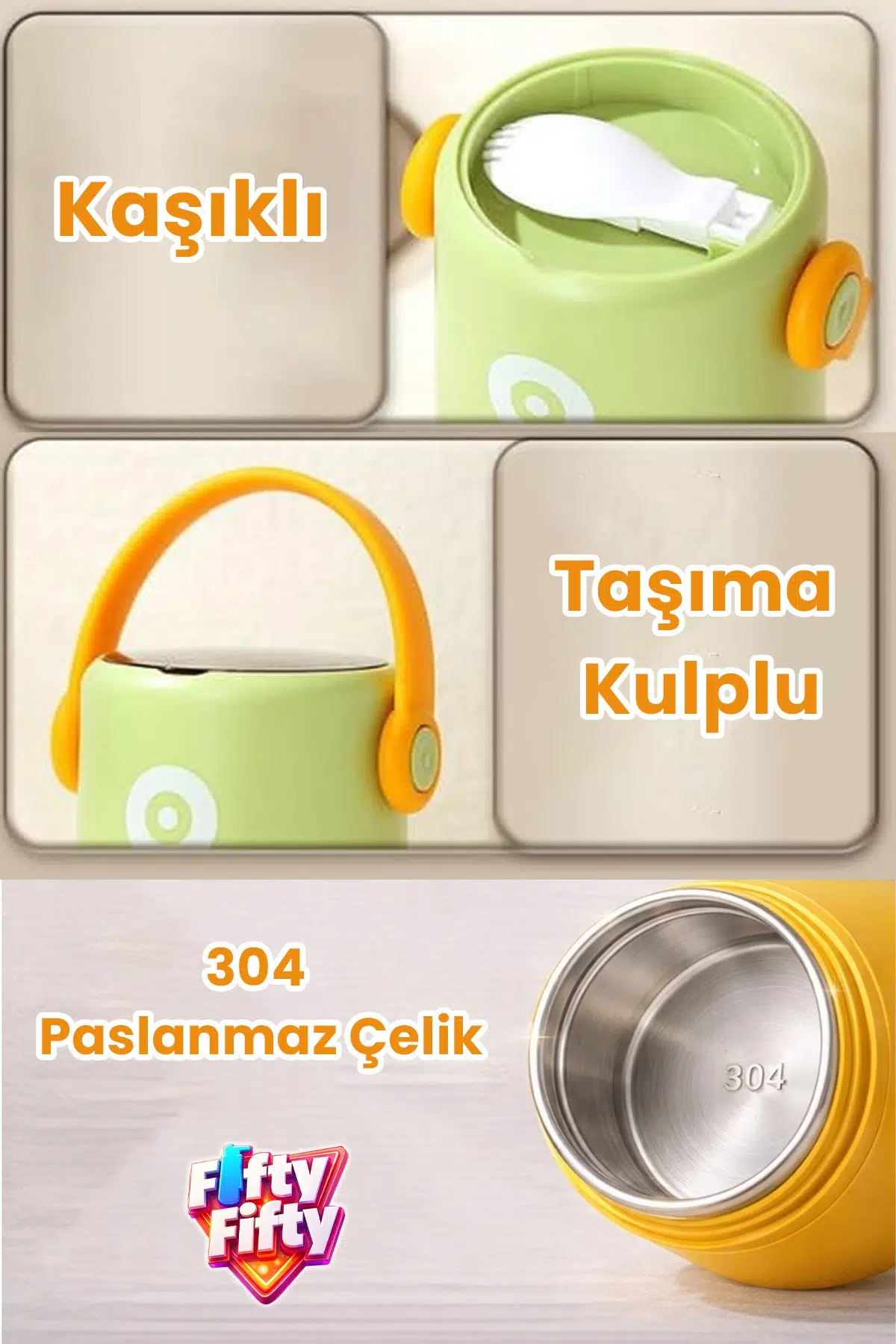 580 ML Sızdırmaz 2 Kaseli 304 Paslanmaz Çelik Lunch Box Yeni Nesil Sefer Tası Kaşıklı Askılı -1267580