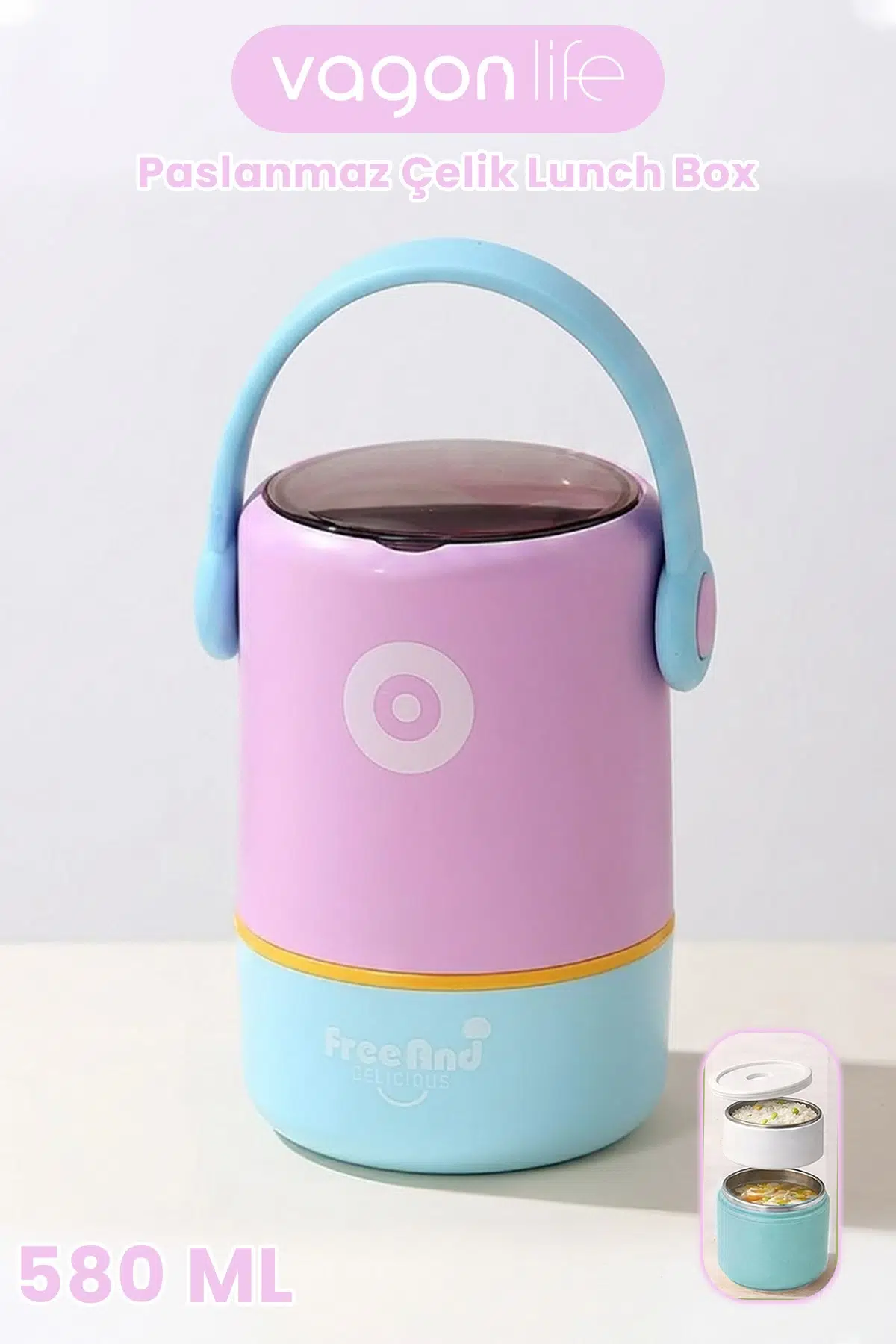 580 ML Sızdırmaz 2 Kaseli 304 Paslanmaz Çelik Lunch Box Yeni Nesil Sefer Tası Kaşıklı Askılı -1267580 - Mor