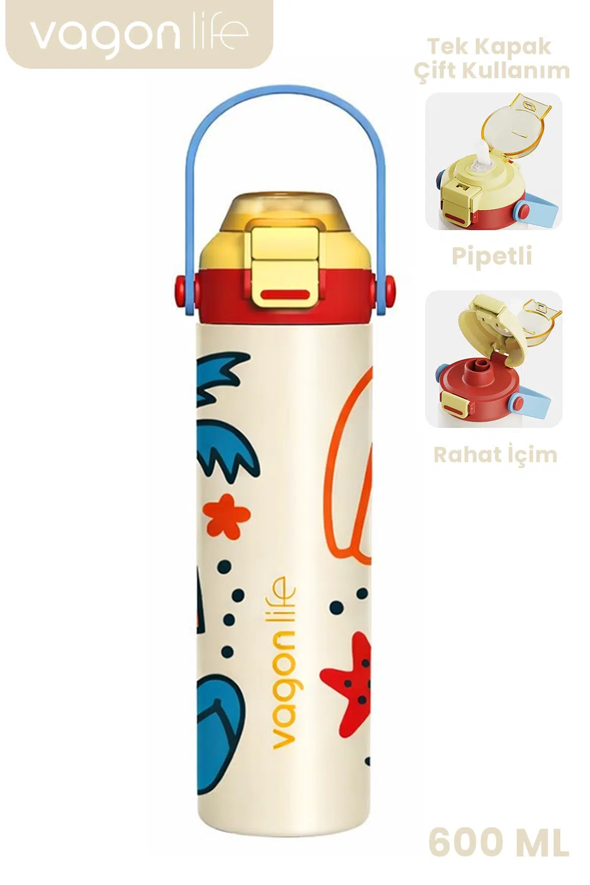 600 ML Tek Kapak Çift Kullanım Pipetli Rahat İçim Kulplu Paslanmaz Çelik Termos ff1111-600ML