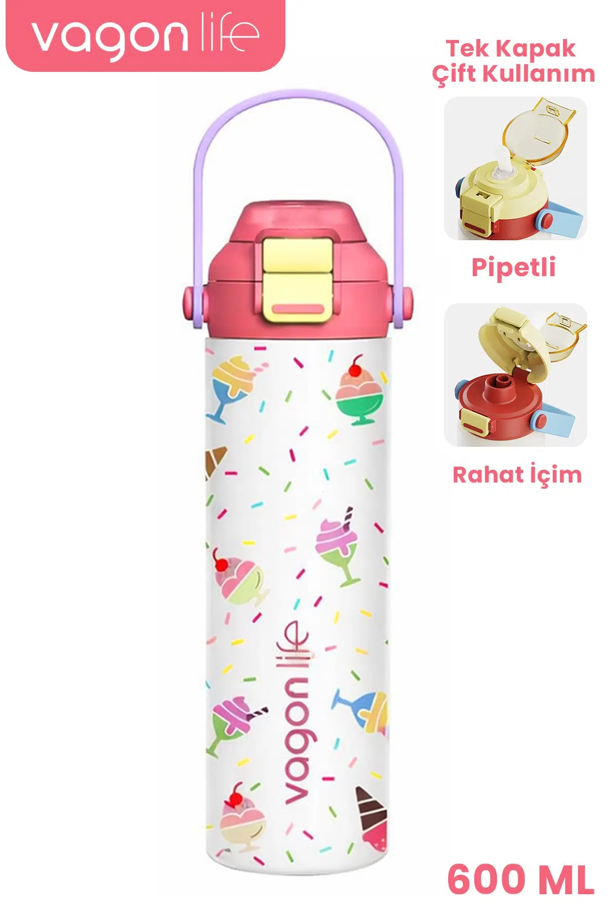 600 ML Tek Kapak Çift Kullanım Pipetli Rahat İçim Kulplu Paslanmaz Çelik Termos ff1111-600ML