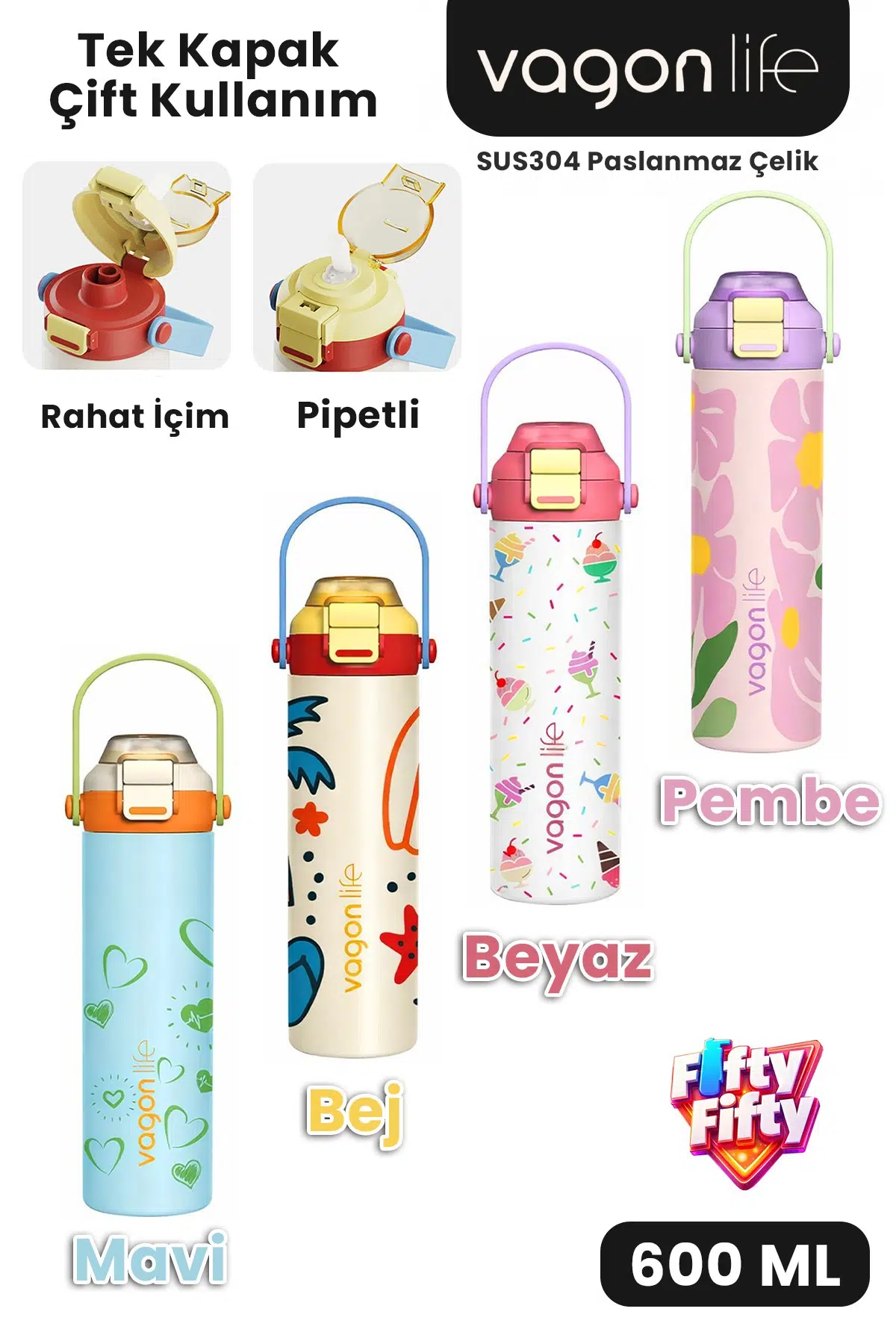 600 ML Tek Kapak Çift Kullanım Pipetli Rahat İçim Kulplu Paslanmaz Çelik Termos ff1111-600ML