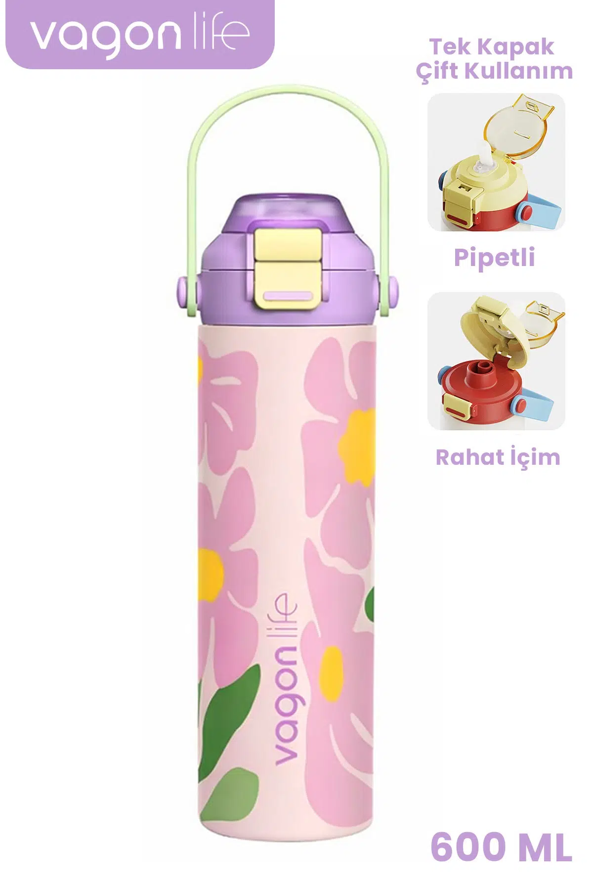 600 ML Tek Kapak Çift Kullanım Pipetli Rahat İçim Kulplu Paslanmaz Çelik Termos ff1111-600ML