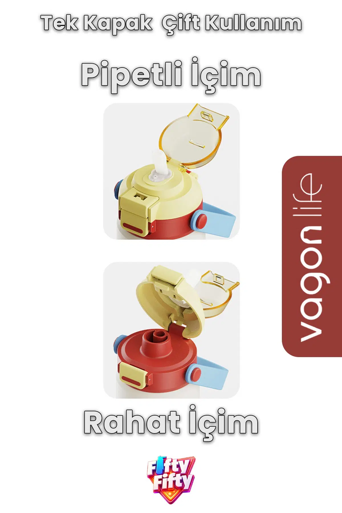 600 ML Tek Kapak Çift Kullanım Pipetli Rahat İçim Kulplu Paslanmaz Çelik Termos ff1111-600ML