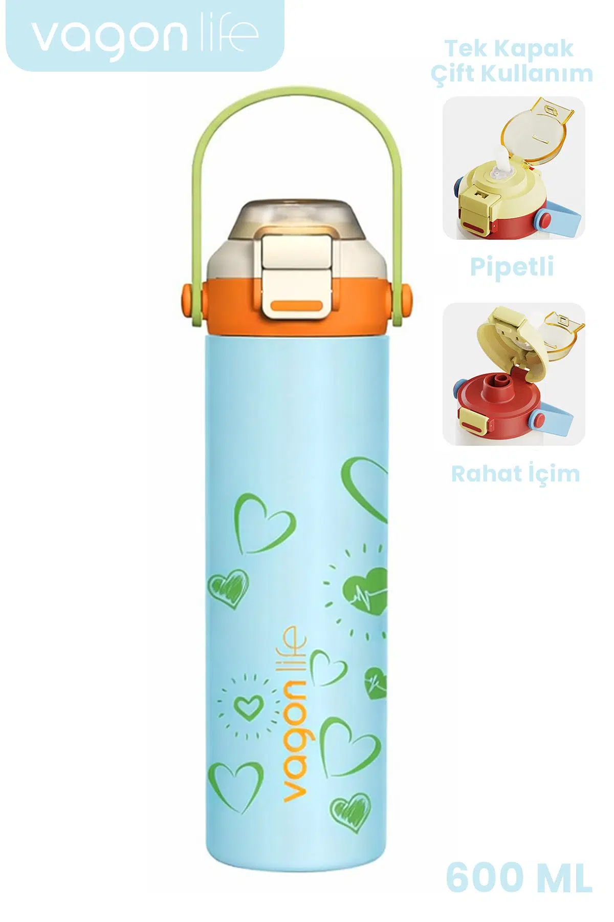 600 ML Tek Kapak Çift Kullanım Pipetli Rahat İçim Kulplu Paslanmaz Çelik Termos ff1111-600ML