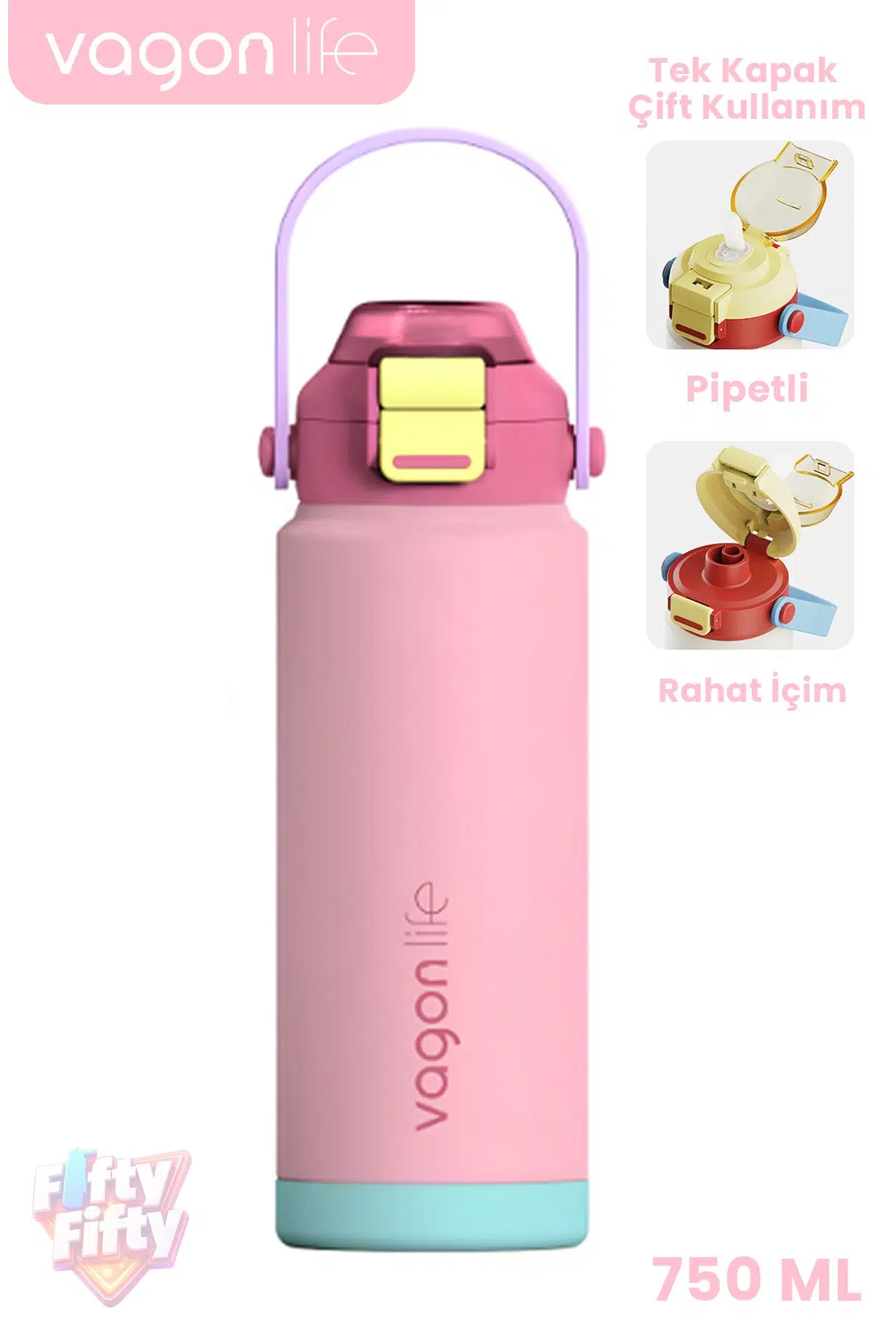 750 ML Tek Kapak Çift Kullanım Pipetli Rahat İçim Kulplu Paslanmaz Çelik Termos ff1108-750ML - Pembe