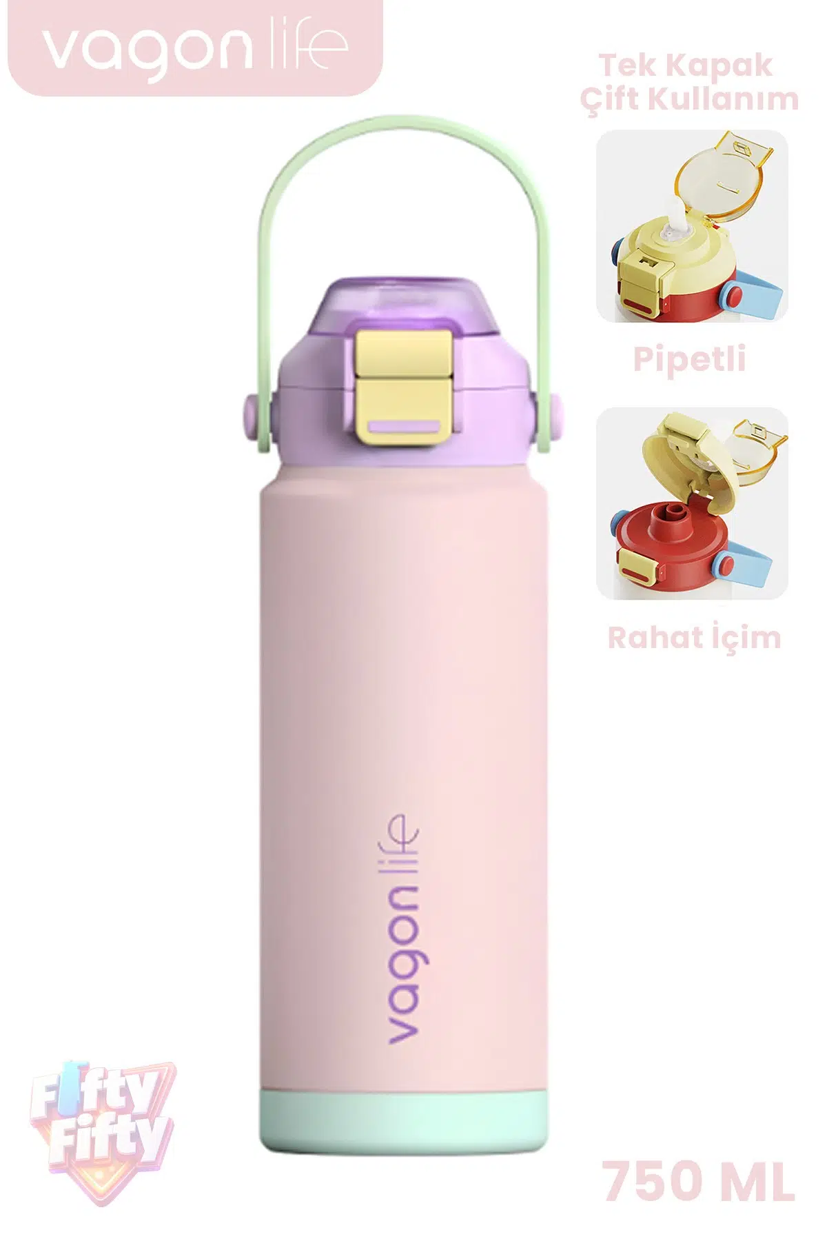 750 ML Tek Kapak Çift Kullanım Pipetli Rahat İçim Kulplu Paslanmaz Çelik Termos ff1108-750ML - Lila