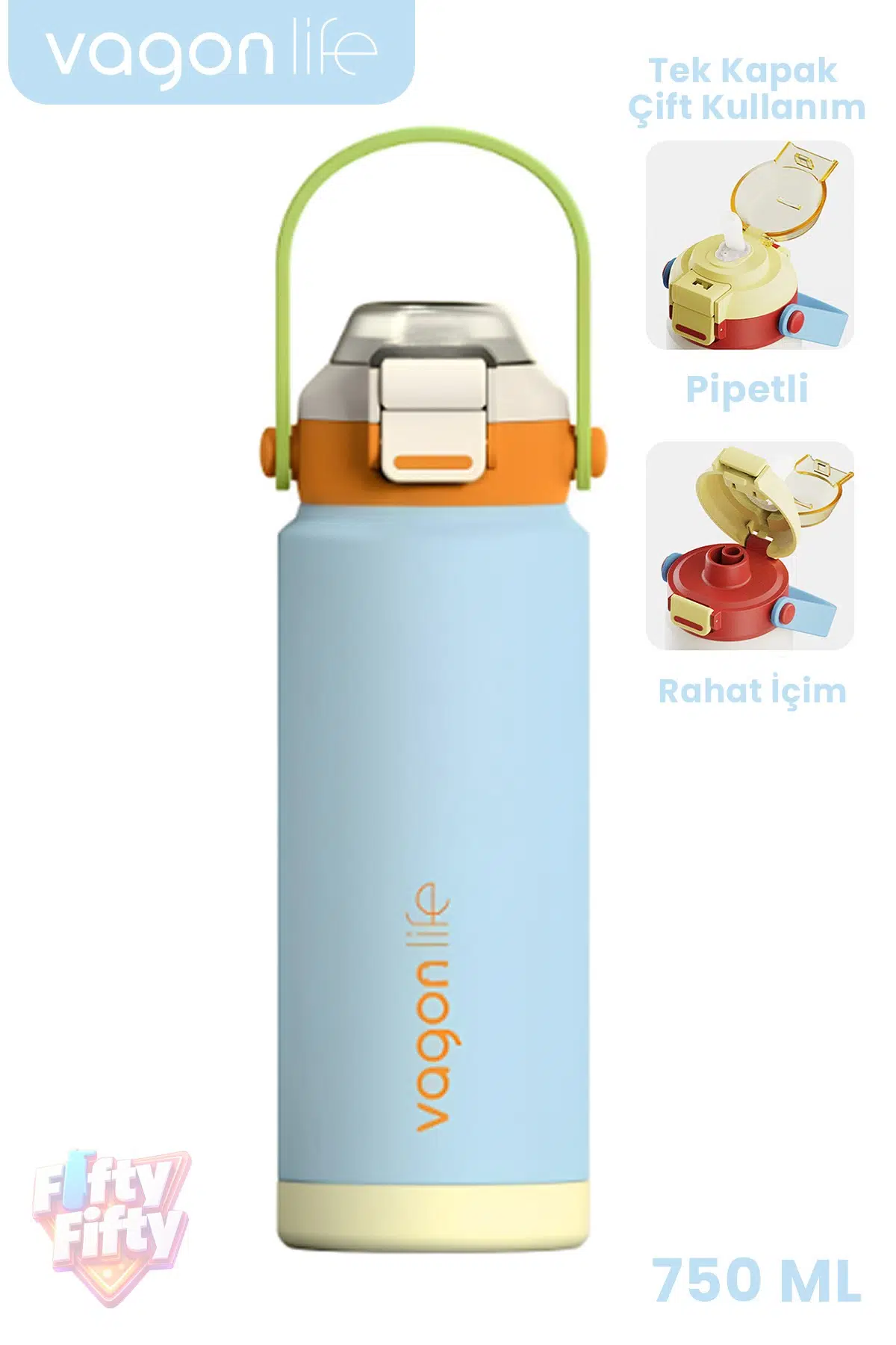 750 ML Tek Kapak Çift Kullanım Pipetli Rahat İçim Kulplu Paslanmaz Çelik Termos ff1108-750ML - Mavi