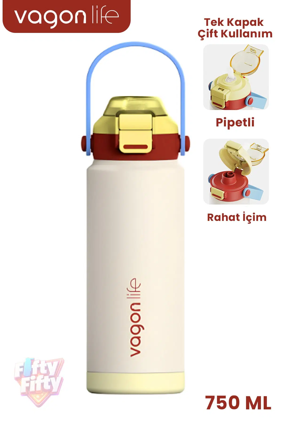 750 ML Tek Kapak Çift Kullanım Pipetli Rahat İçim Kulplu Paslanmaz Çelik Termos ff1108-750ML - Krem