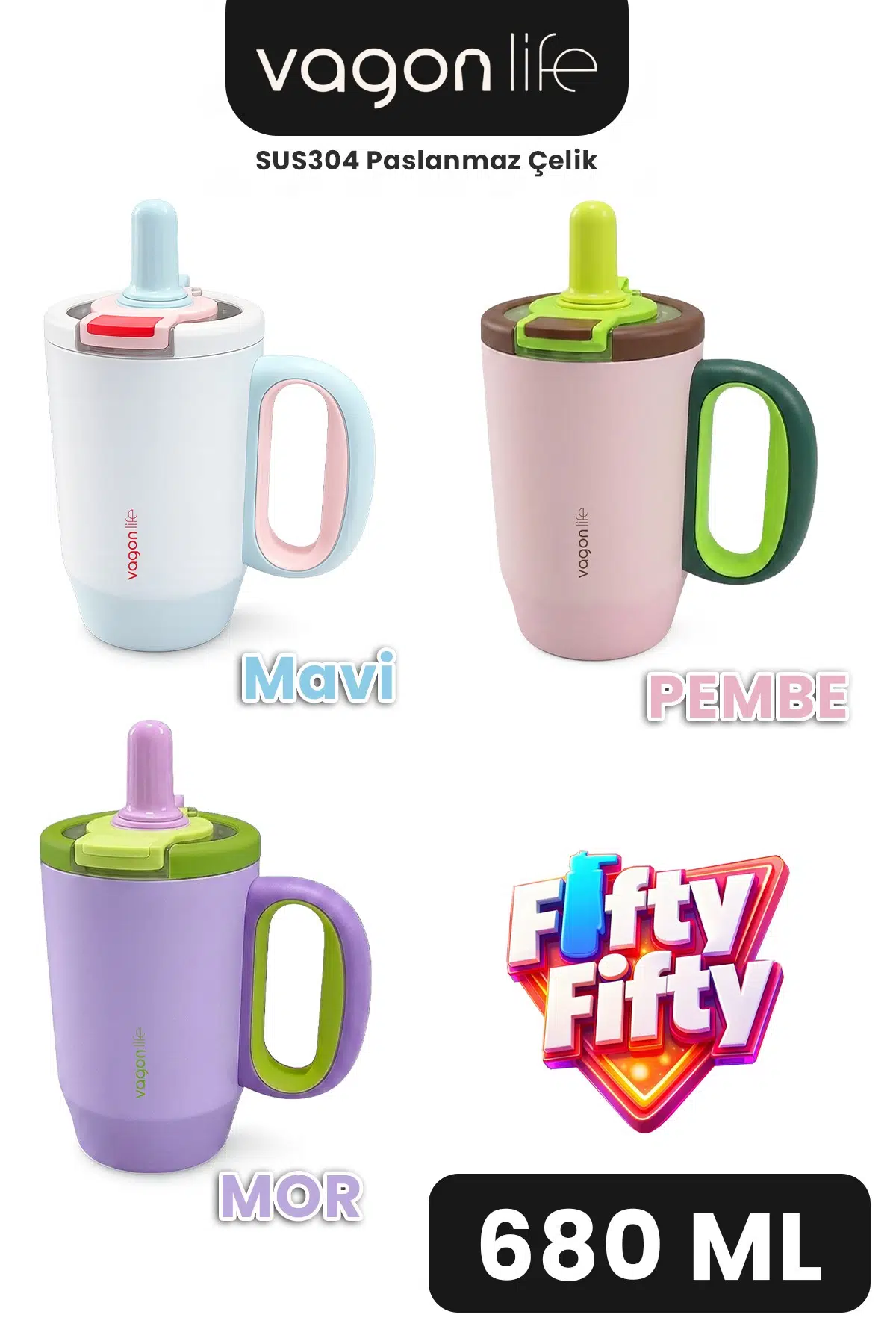 680 ML Tek Kapak Çift Kullanım Pipetli Rahat İçim Kulplu Paslanmaz Çelik Termos Mug FFVGN1113-680ML