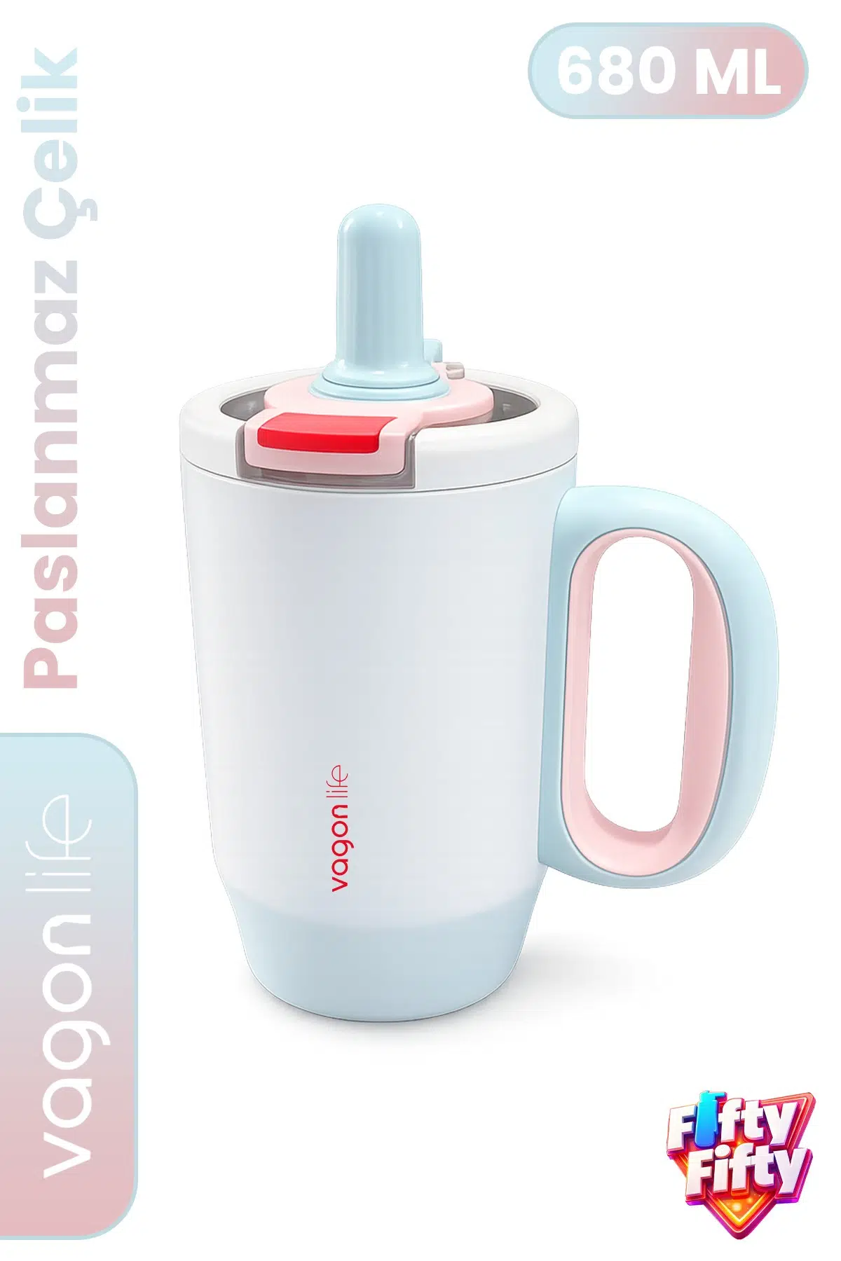 680 ML Tek Kapak Çift Kullanım Pipetli Rahat İçim Kulplu Paslanmaz Çelik Termos Mug FFVGN1113-680ML