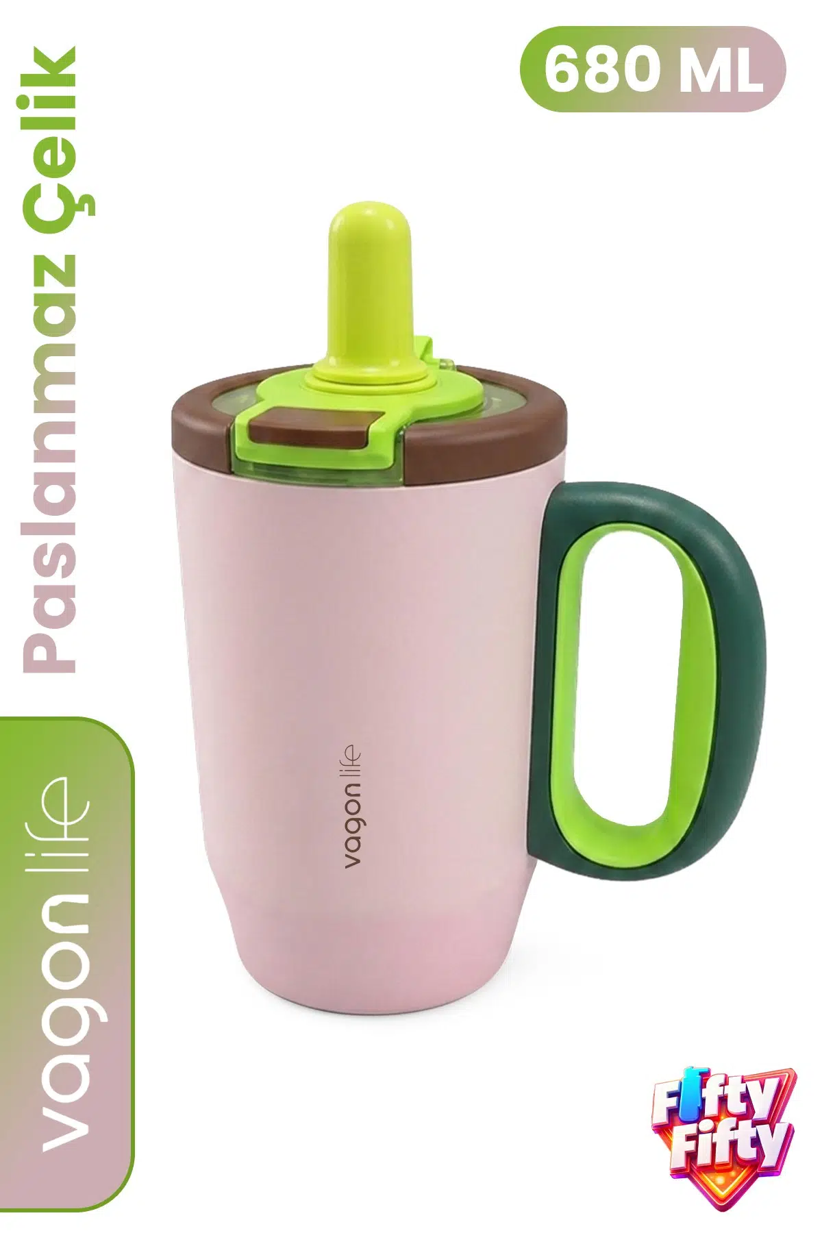 680 ML Tek Kapak Çift Kullanım Pipetli Rahat İçim Kulplu Paslanmaz Çelik Termos Mug FFVGN1113-680ML