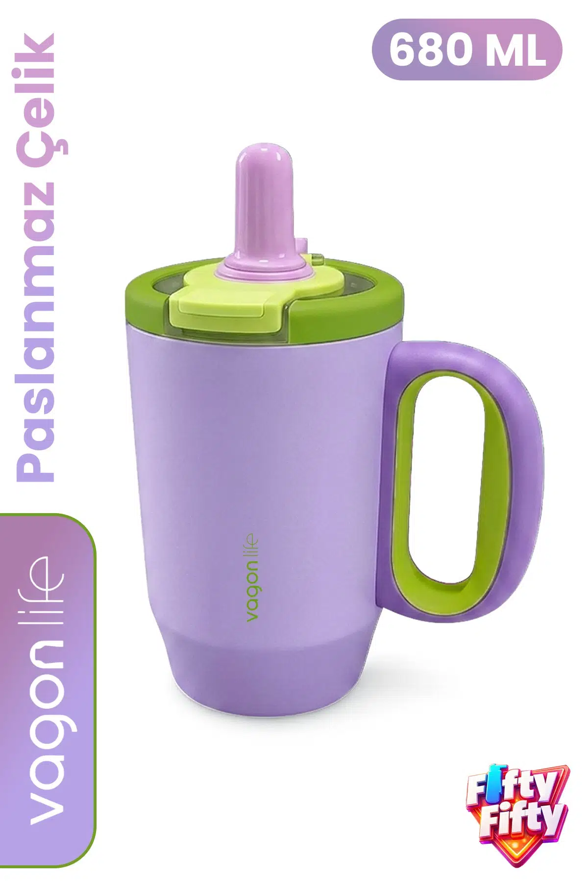 680 ML Tek Kapak Çift Kullanım Pipetli Rahat İçim Kulplu Paslanmaz Çelik Termos Mug FFVGN1113-680ML