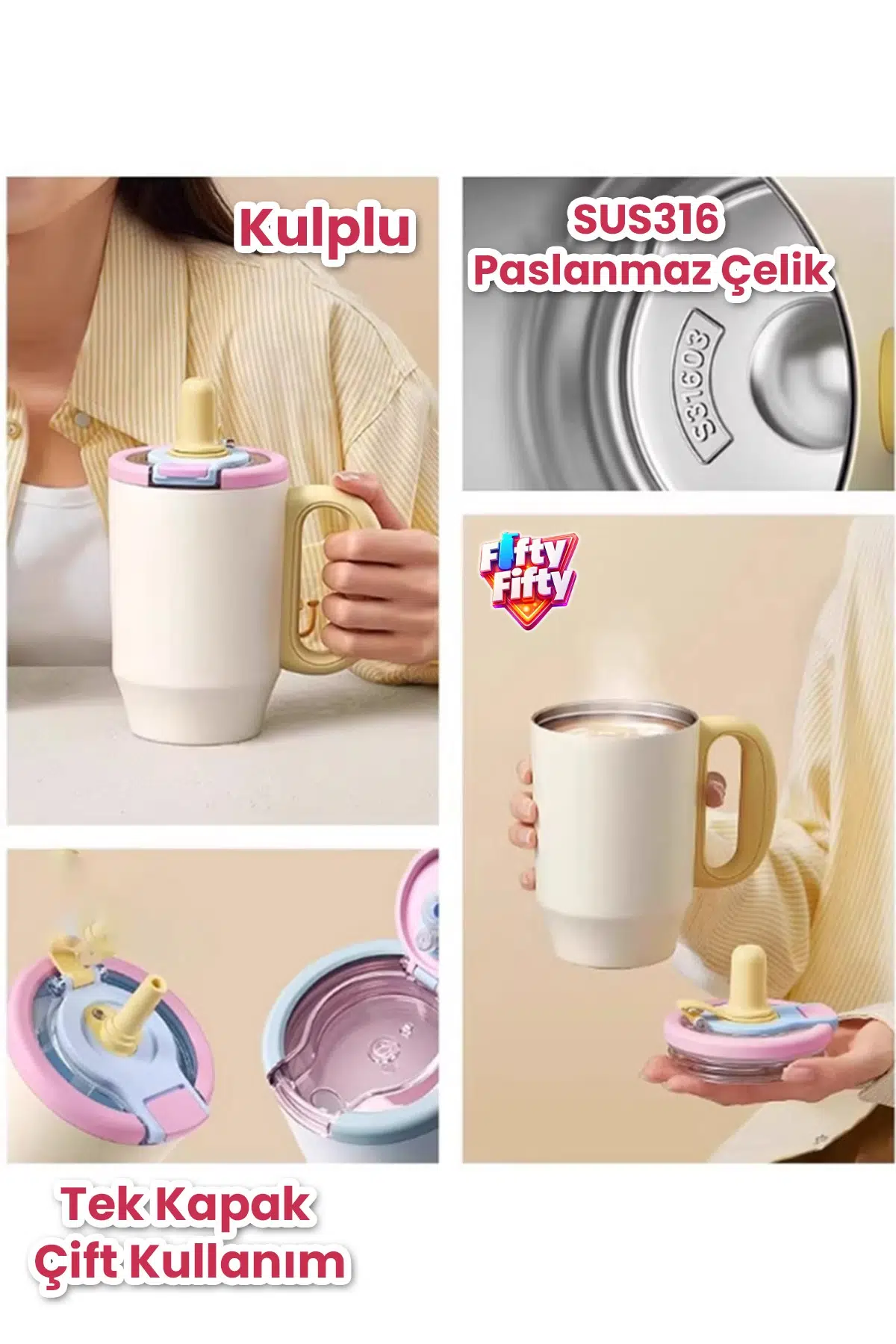 680 ML Tek Kapak Çift Kullanım Pipetli Rahat İçim Kulplu Paslanmaz Çelik Termos Mug FFVGN1113-680ML