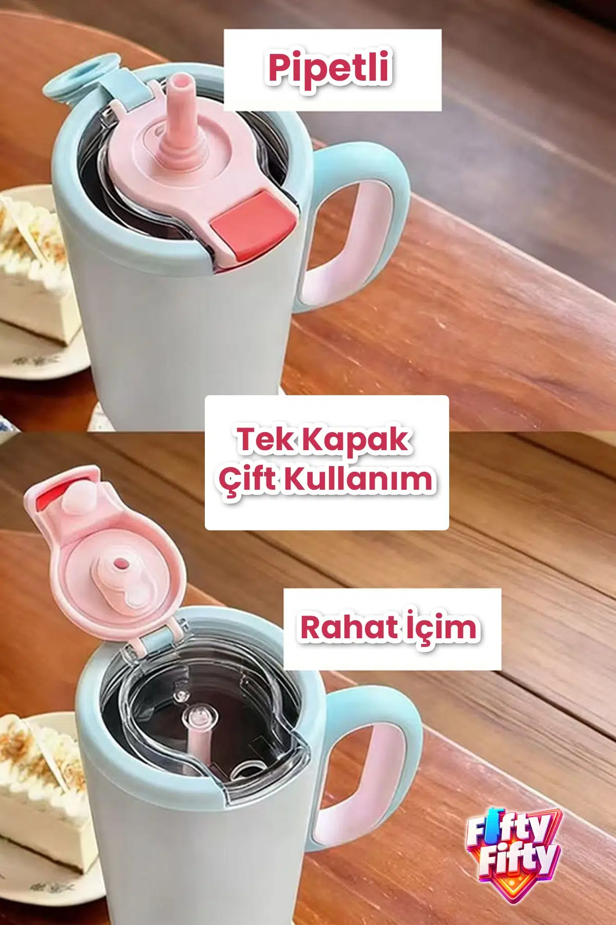 680 ML Tek Kapak Çift Kullanım Pipetli Rahat İçim Kulplu Paslanmaz Çelik Termos Mug FFVGN1113-680ML
