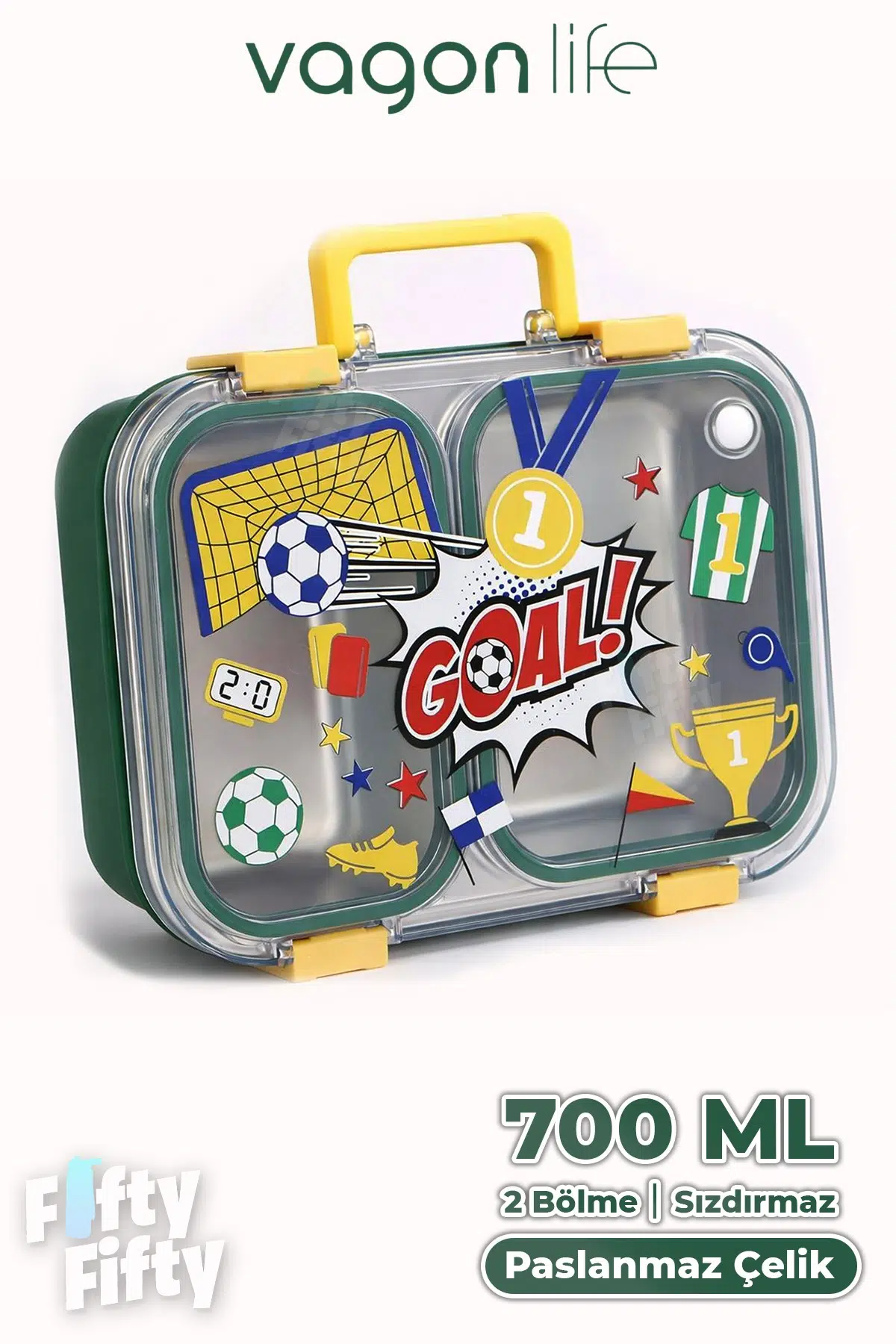 700 ML İki Bölme Paslanmaz Çelik Bento Lunch Box Yeni Nesil Sefer Tası Metal Kaşık Hediyeli FF7155 - Yeşil