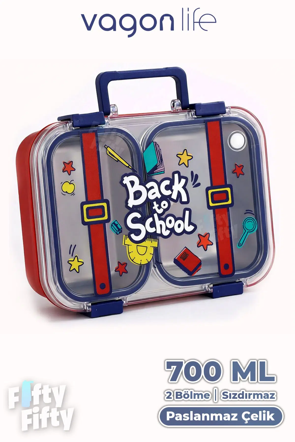 700 ML İki Bölme Paslanmaz Çelik Bento Lunch Box Yeni Nesil Sefer Tası Metal Kaşık Hediyeli FF7155 - Kırmızı