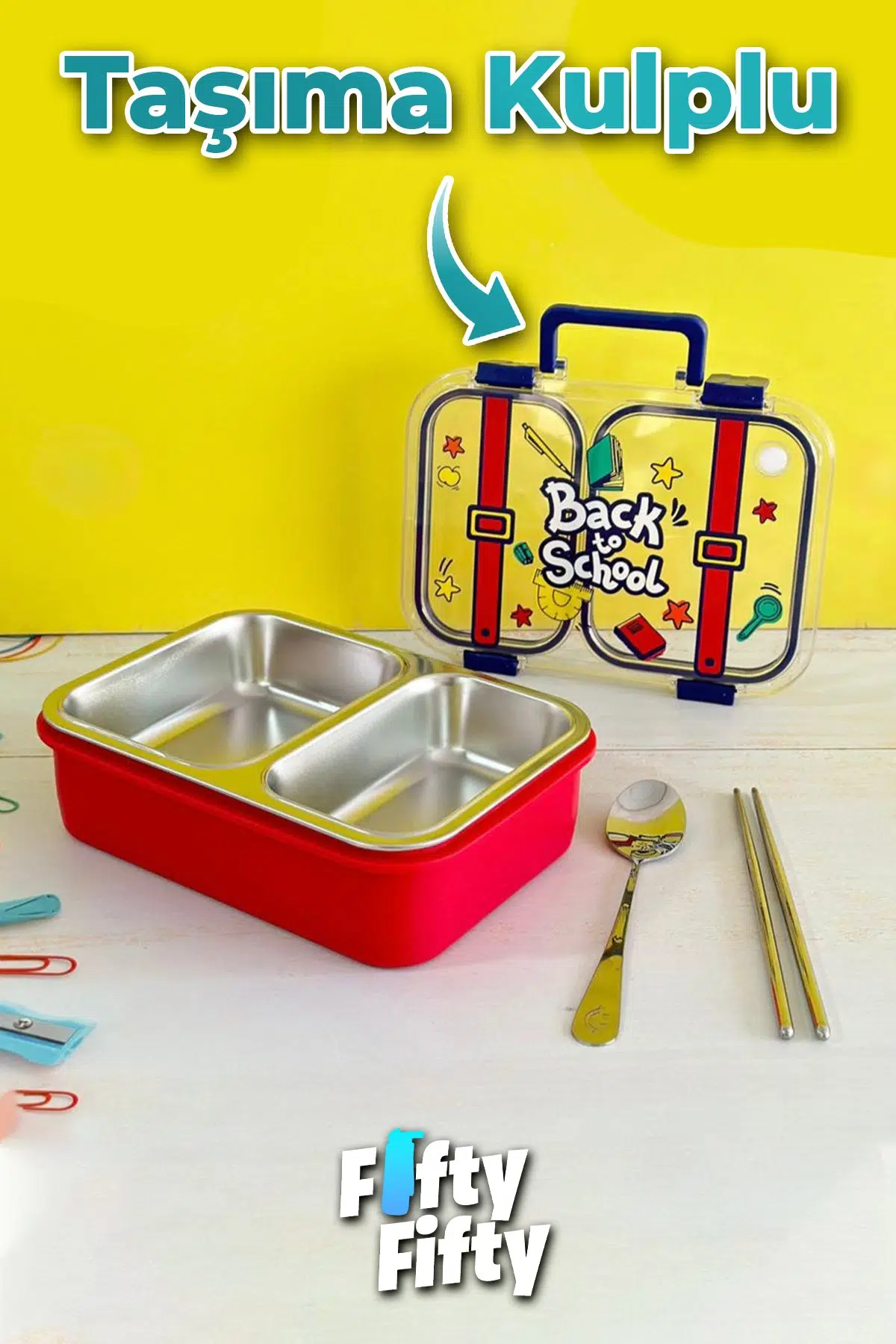 700 ML İki Bölme Paslanmaz Çelik Bento Lunch Box Yeni Nesil Sefer Tası Metal Kaşık Hediyeli FF7155