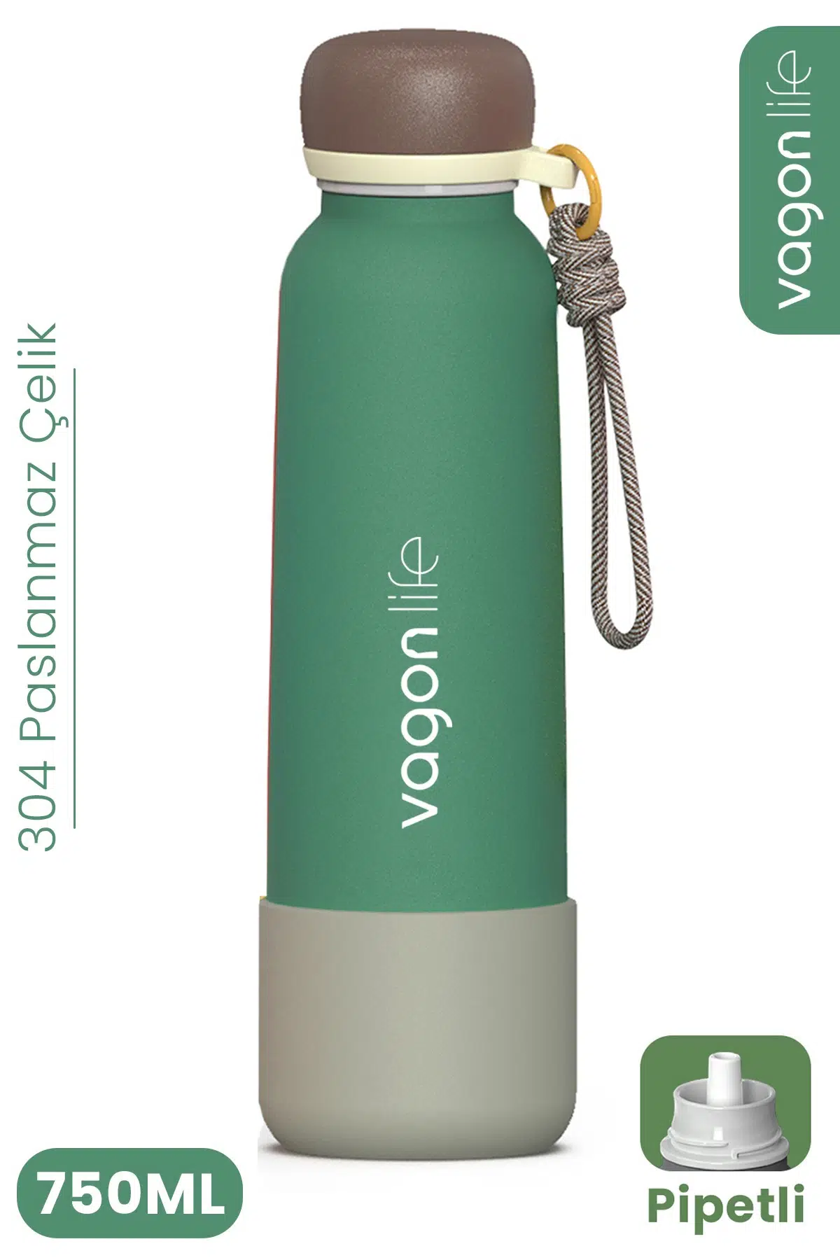 750 ML Pipetli Sızdırmaz Paslanmaz Çelik Termos Matara El Askılı bpa içermez 750ml 1106FF - Yeşil