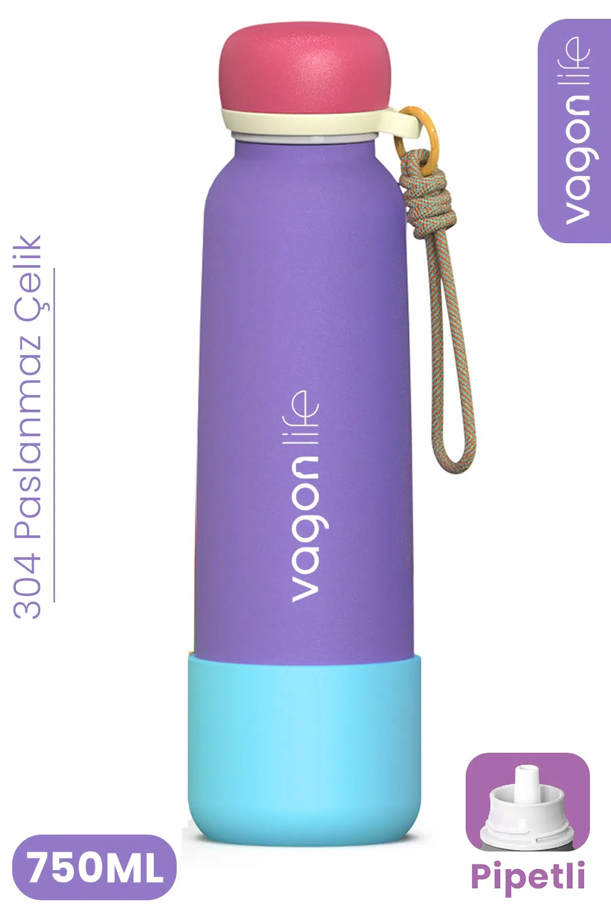 750 ML Pipetli Sızdırmaz Paslanmaz Çelik Termos Matara El Askılı bpa içermez 750ml 1106FF - Mor