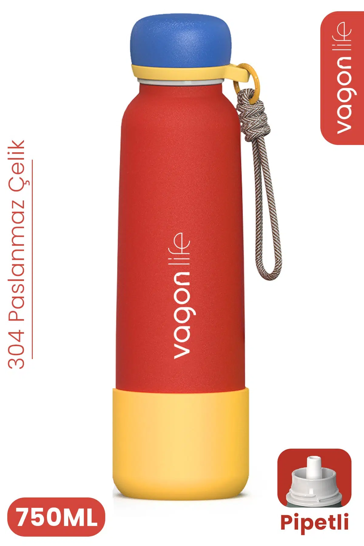 750 ML Pipetli Sızdırmaz Paslanmaz Çelik Termos Matara El Askılı bpa içermez 750ml 1106FF - Kırmızı