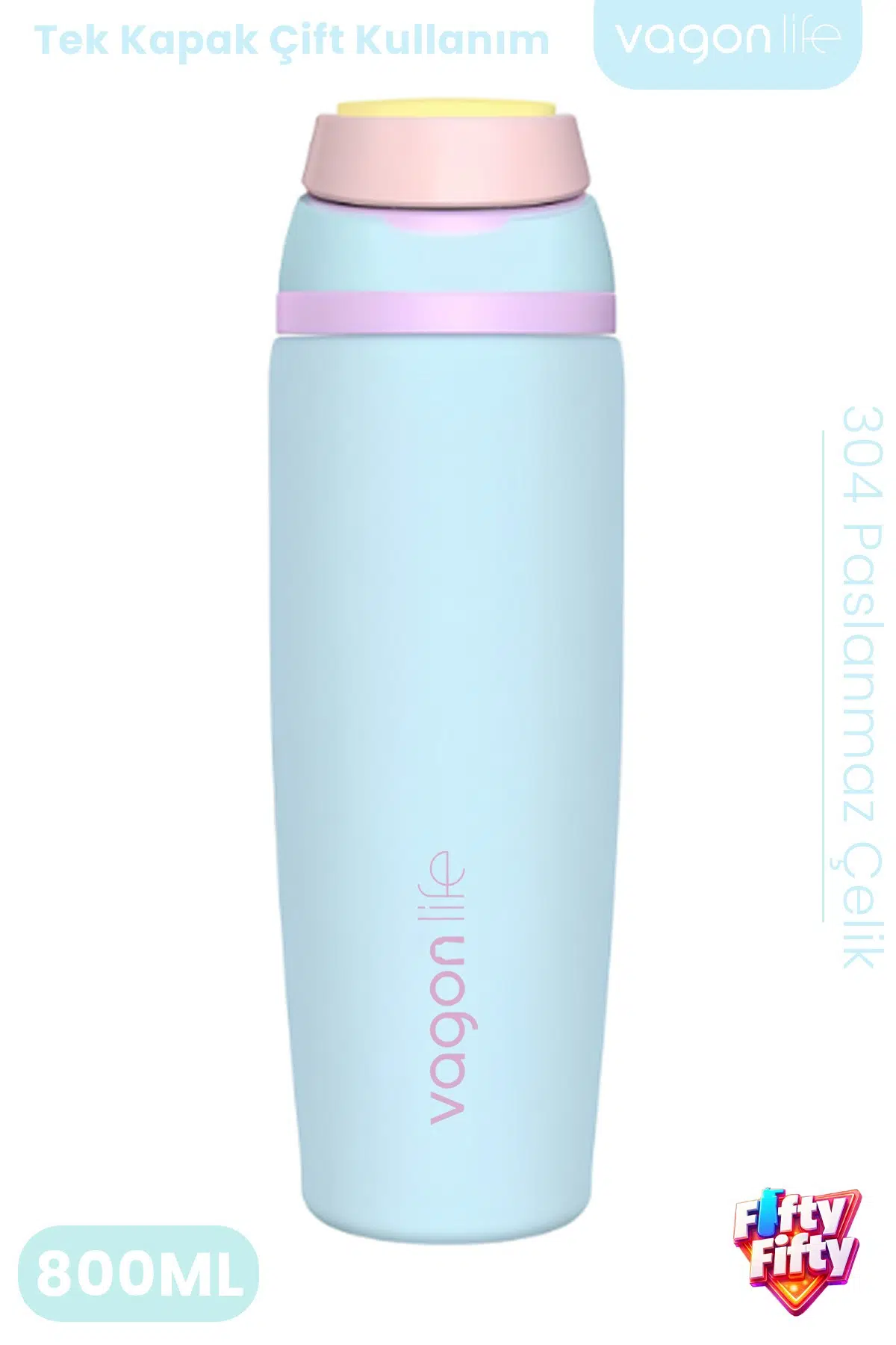 800 ML Tek Kapak Çift Kullanım Pipetli Rahat İçim Kulplu SUS304 Paslanmaz Çelik Termos -1107-800ML - Turkuaz