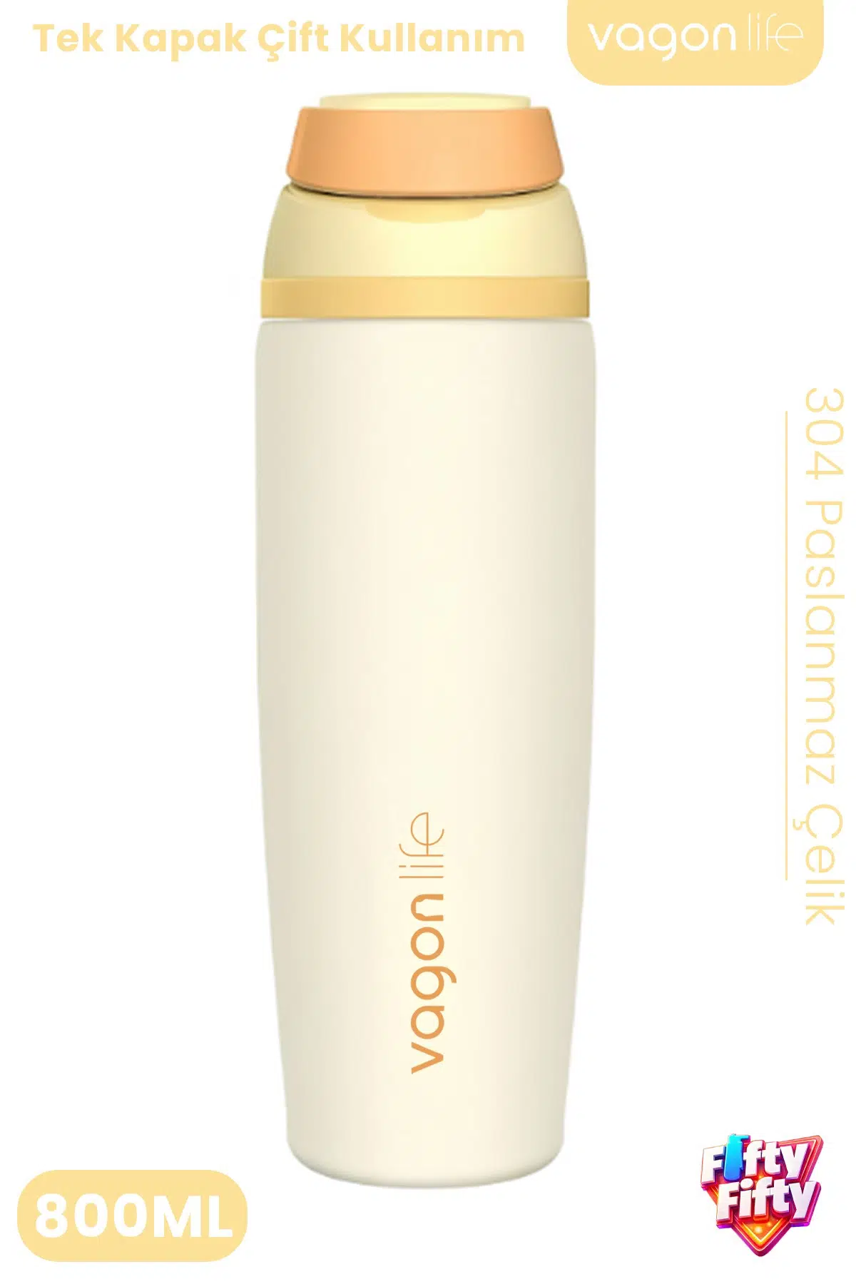 800 ML Tek Kapak Çift Kullanım Pipetli Rahat İçim Kulplu SUS304 Paslanmaz Çelik Termos -1107-800ML - Sarı