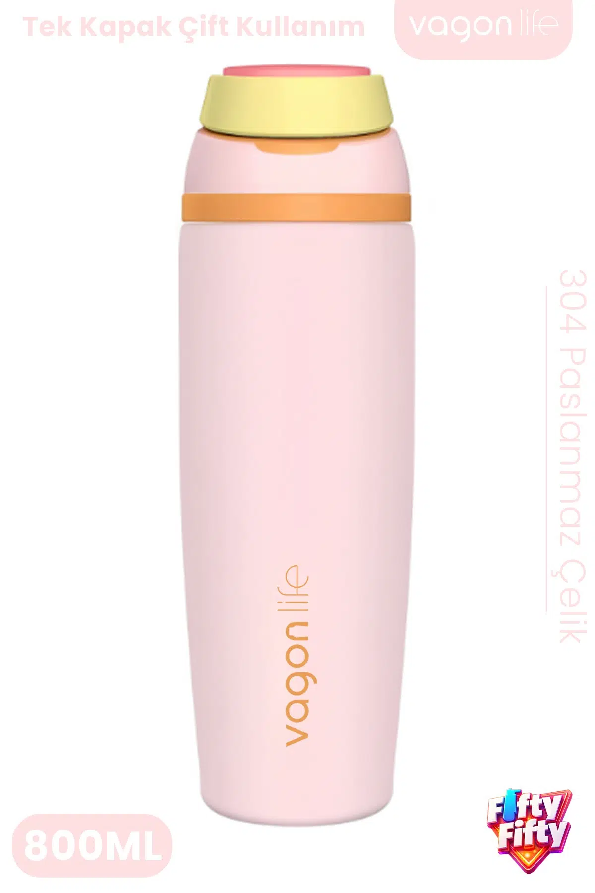 800 ML Tek Kapak Çift Kullanım Pipetli Rahat İçim Kulplu SUS304 Paslanmaz Çelik Termos -1107-800ML - Pembe
