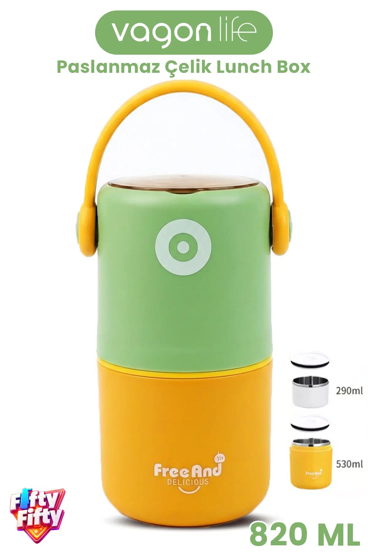 820 ML Sızdırmaz 2 Kaseli 304 Paslanmaz Çelik Lunch Box Yeni Nesil Sefer Tası Kaşıklı Askılı -1267820 - Yeşil