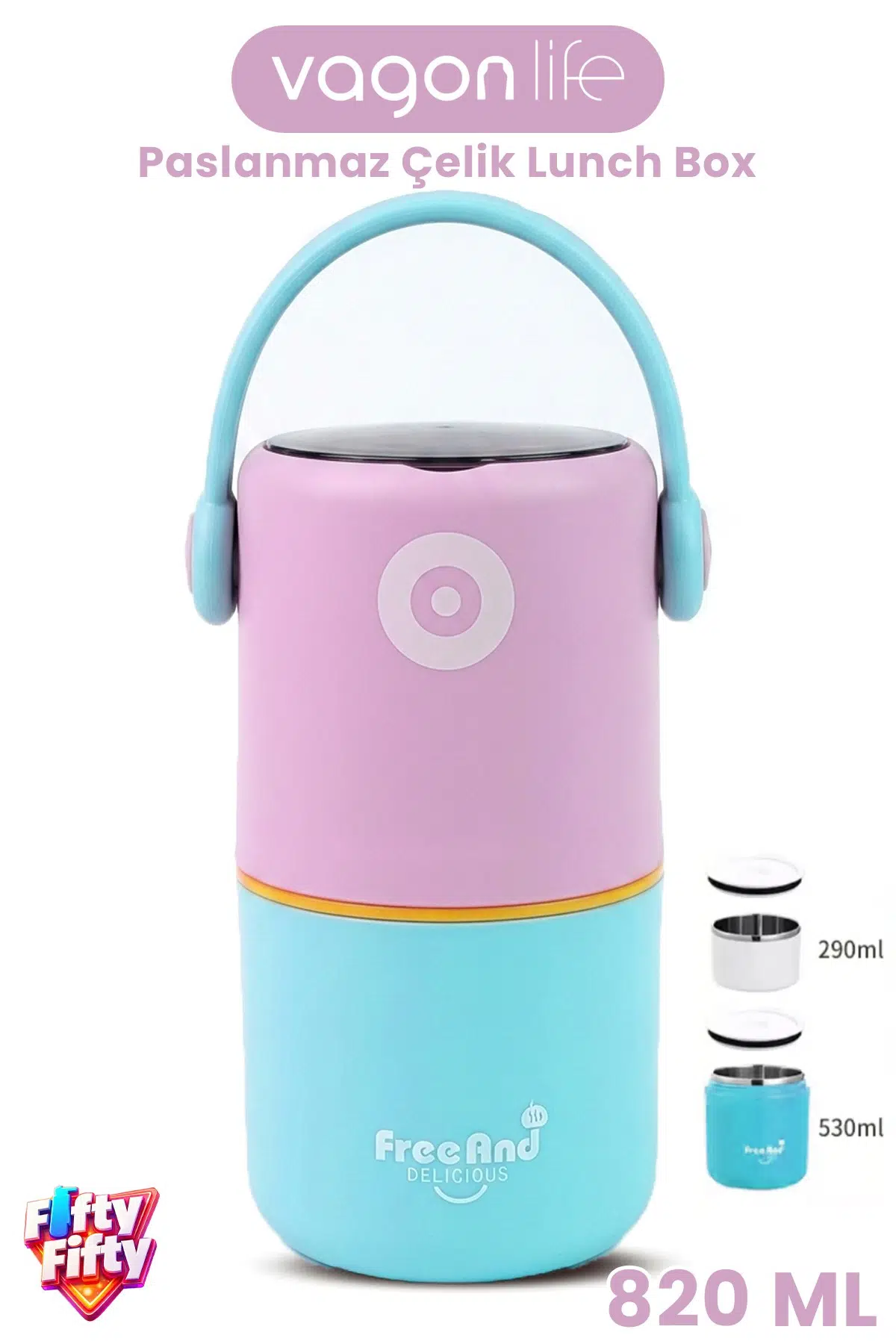 820 ML Sızdırmaz 2 Kaseli 304 Paslanmaz Çelik Lunch Box Yeni Nesil Sefer Tası Kaşıklı Askılı -1267820 - Mor