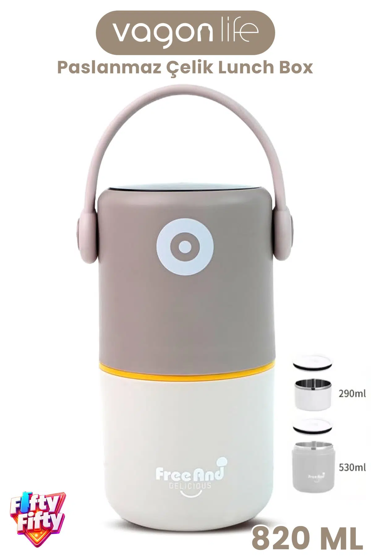 820 ML Sızdırmaz 2 Kaseli 304 Paslanmaz Çelik Lunch Box Yeni Nesil Sefer Tası Kaşıklı Askılı -1267820 - Kahverengi