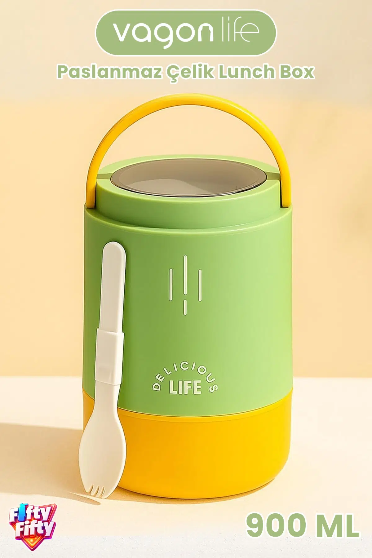 900 ML Sızdırmaz 3 Kaseli Paslanmaz Çelik Kaşıklı Bento Lunch Box Yeni Nesil Sefer Tası -FFLBO1266 - Yeşil