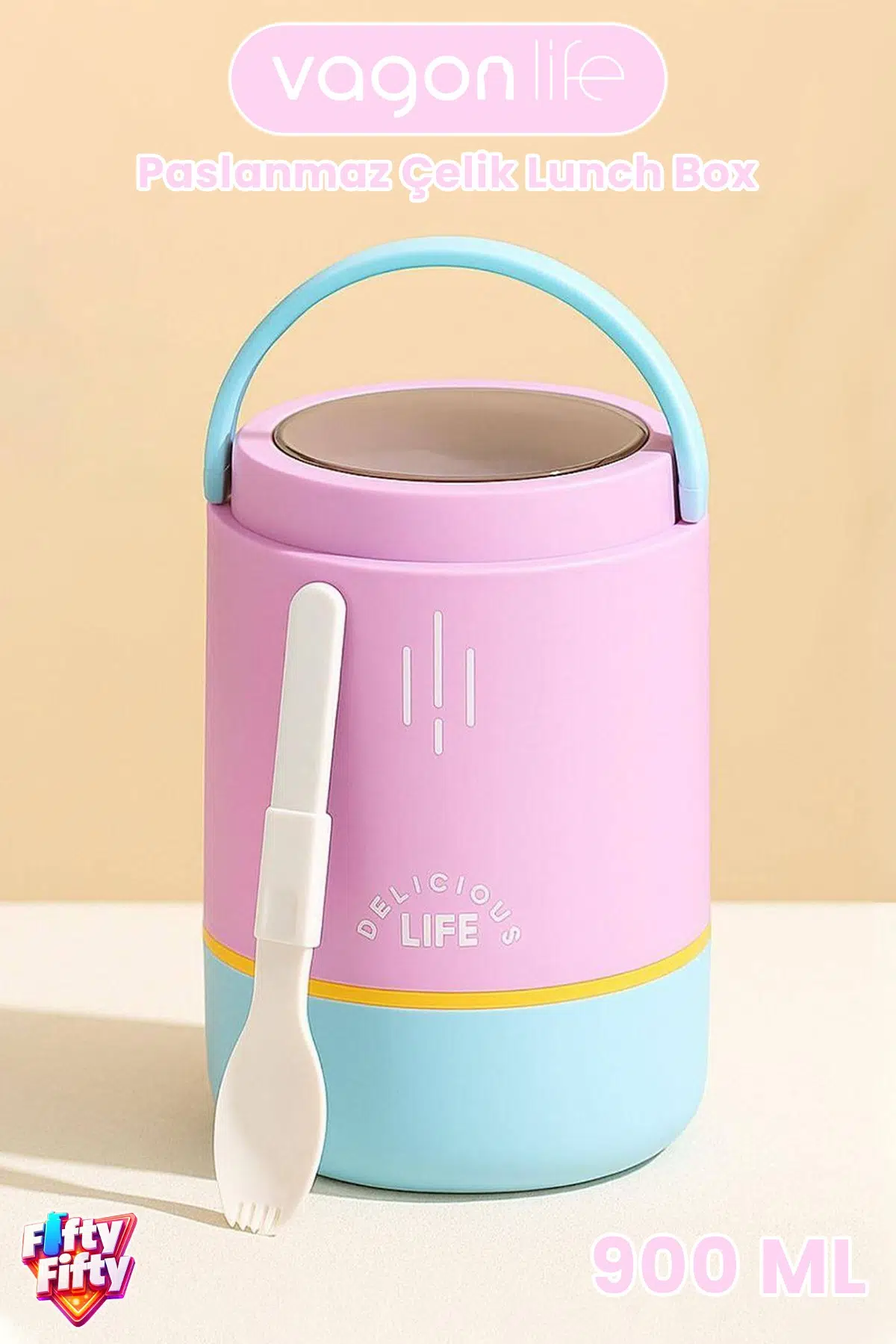 900 ML Sızdırmaz 3 Kaseli Paslanmaz Çelik Kaşıklı Bento Lunch Box Yeni Nesil Sefer Tası -FFLBO1266 - Mor