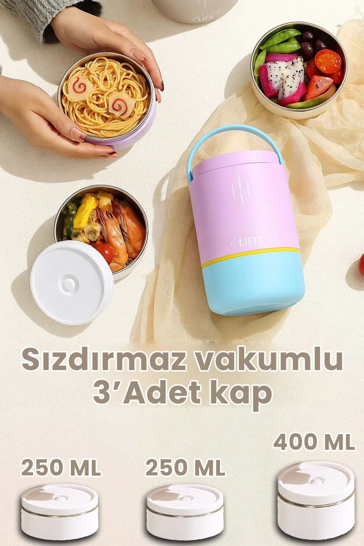 900 ML Sızdırmaz 3 Kaseli Paslanmaz Çelik Kaşıklı Bento Lunch Box Yeni Nesil Sefer Tası -FFLBO1266