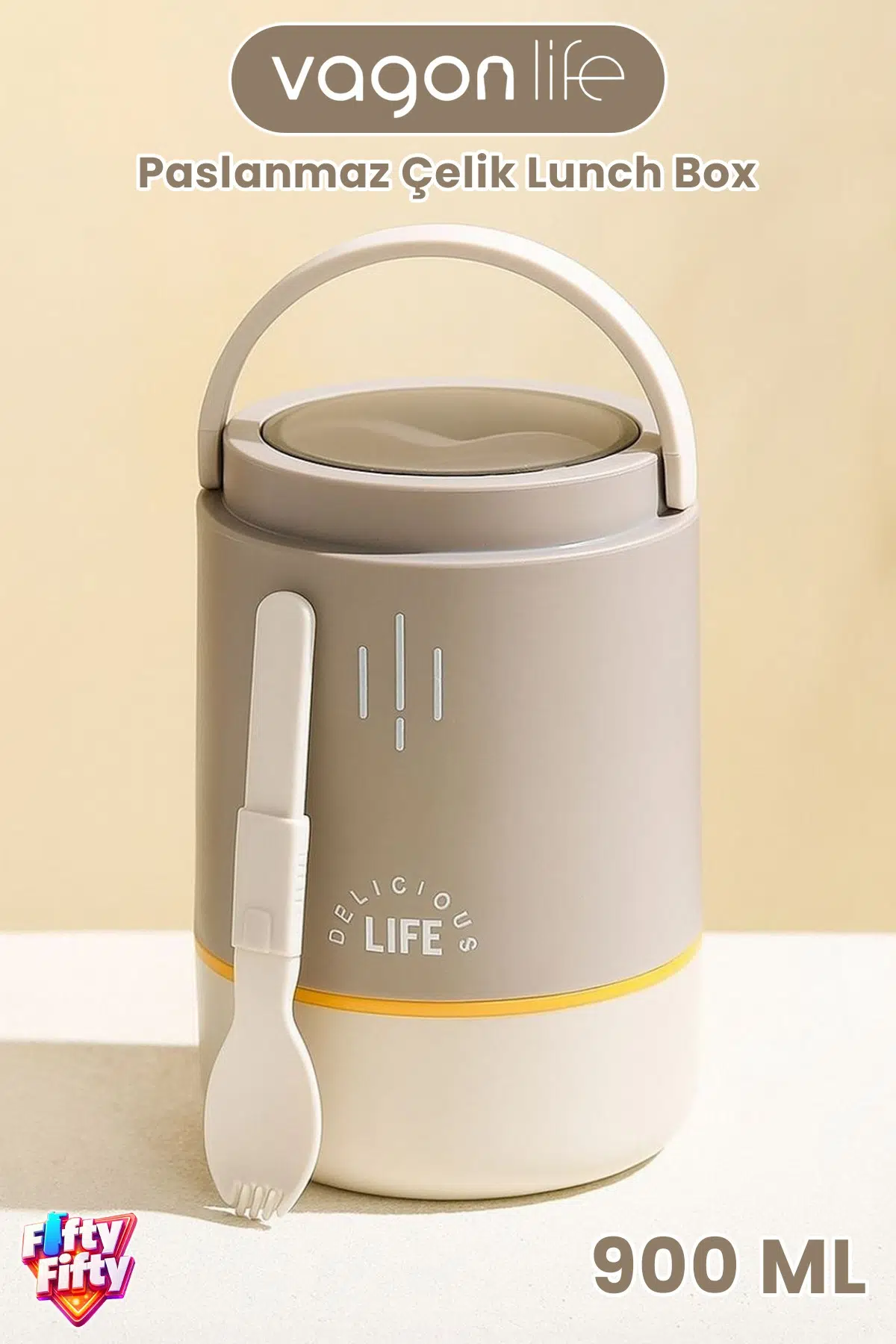 900 ML Sızdırmaz 3 Kaseli Paslanmaz Çelik Kaşıklı Bento Lunch Box Yeni Nesil Sefer Tası -FFLBO1266 - Kahverengi