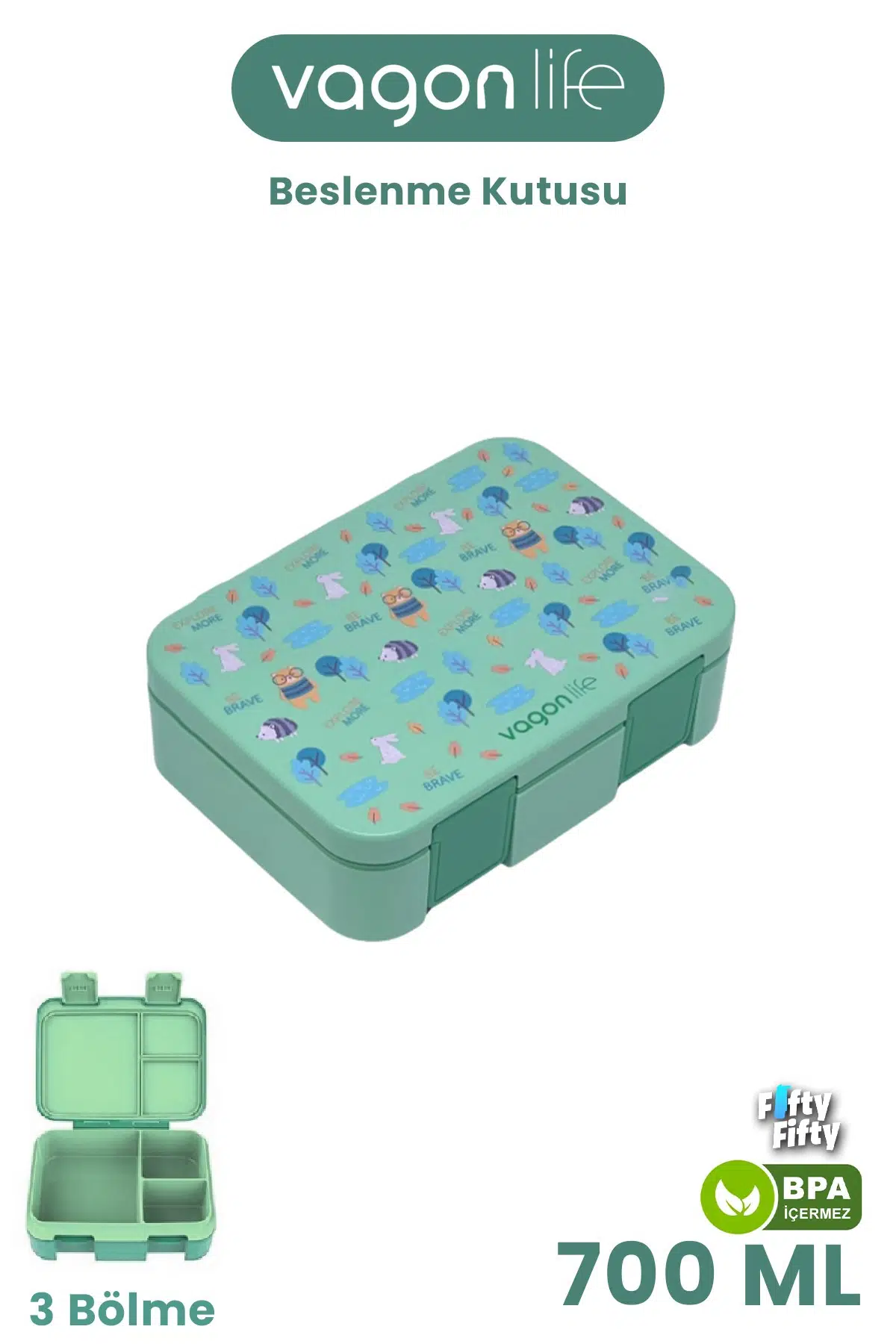 700 ML Tek Kat Sızdırmaz,Karışmaz Üç Bölmeli Çocuk Beslenme Kutusu -FFB096-700 - Yeşil