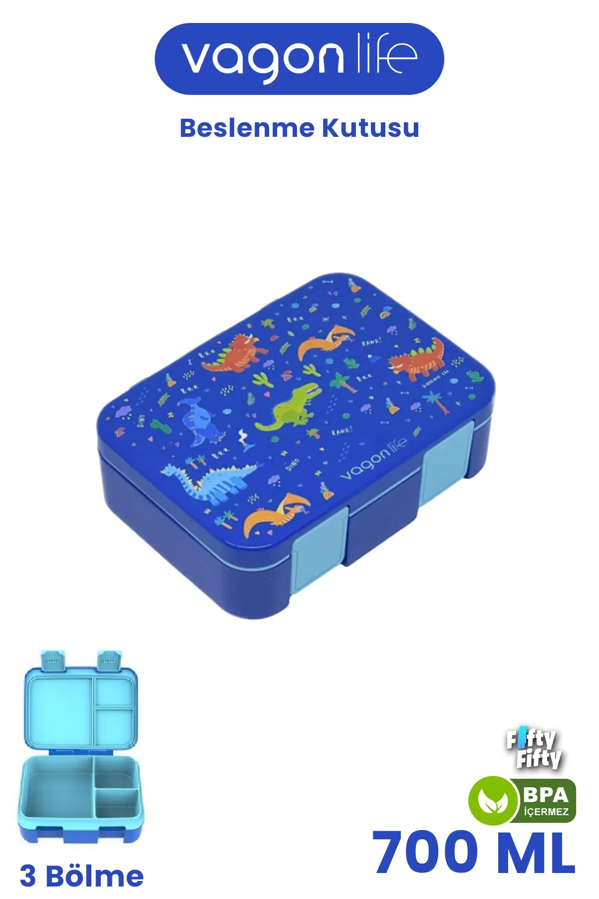 700 ML Tek Kat Sızdırmaz,Karışmaz Üç Bölmeli Çocuk Beslenme Kutusu -FFB096-700 - Mavi