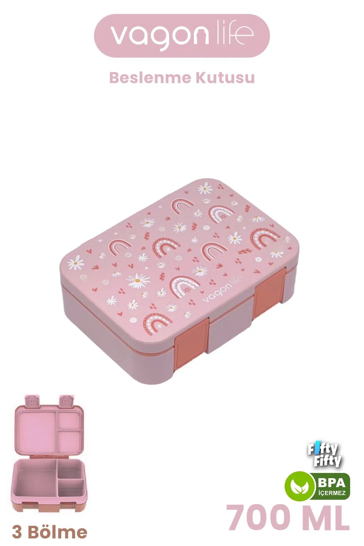 700 ML Tek Kat Sızdırmaz,Karışmaz Üç Bölmeli Çocuk Beslenme Kutusu -FFB096-700 - Pembe