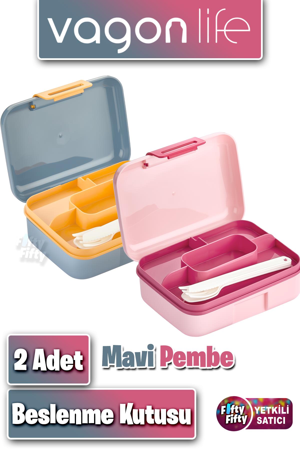 2'li Set Beslenme Kutusu (Seçtiğiniz Renkte 2 Adet Gönderilir) Ürün Vagonlife Markadır - Mavi-Pembe
