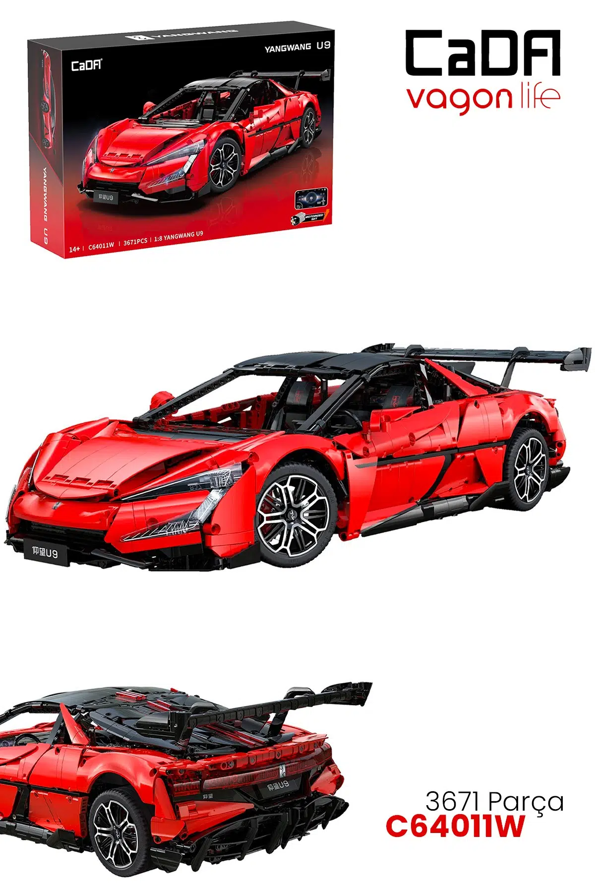 CADA 1:8 YangWang U9 Supercar 3671 Parça Araba Yapım Seti Mobil uygulama destekli kontrol C64011W