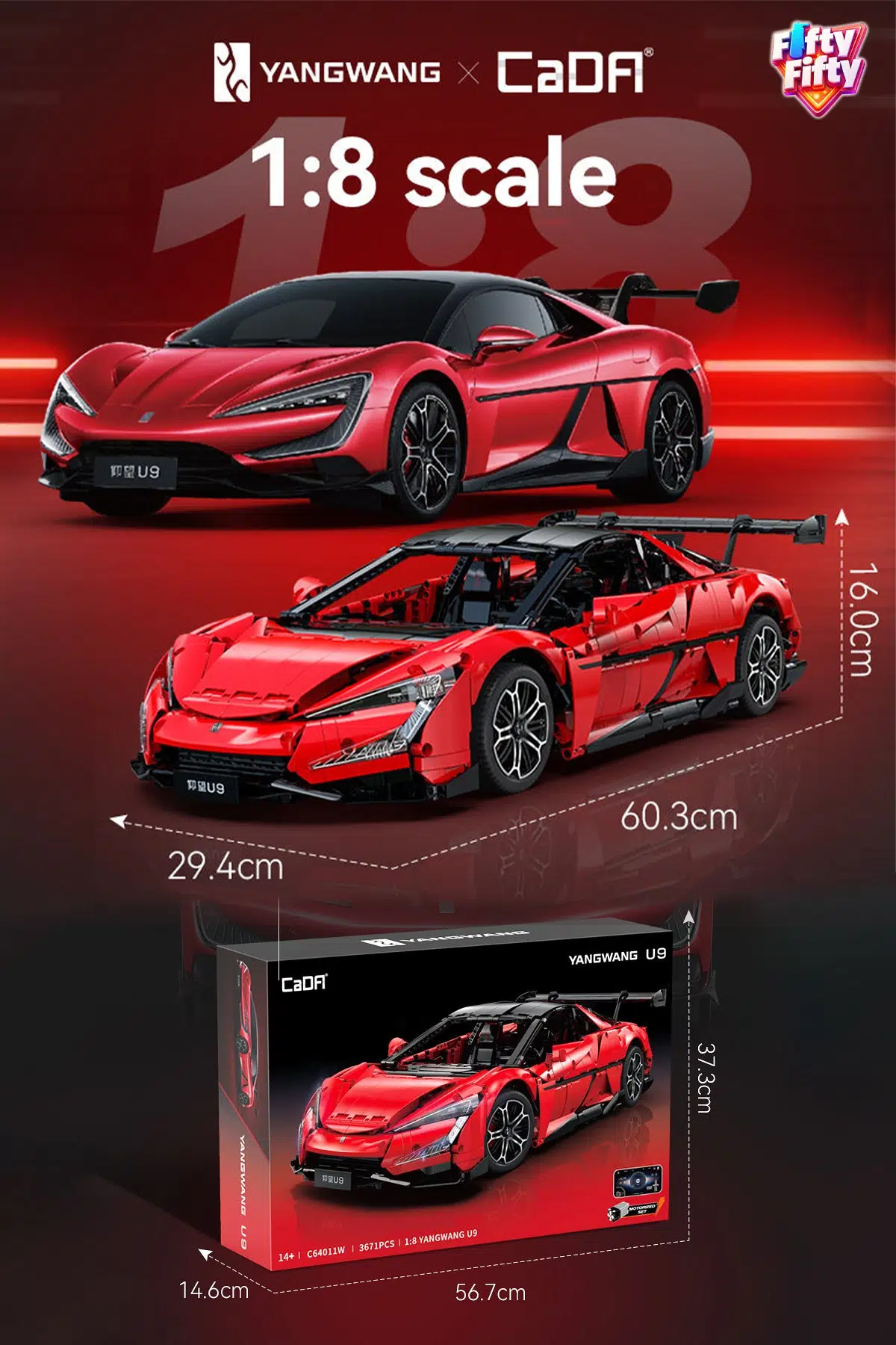 CADA 1:8 YangWang U9 Supercar 3671 Parça Araba Yapım Seti Mobil uygulama destekli kontrol C64011W