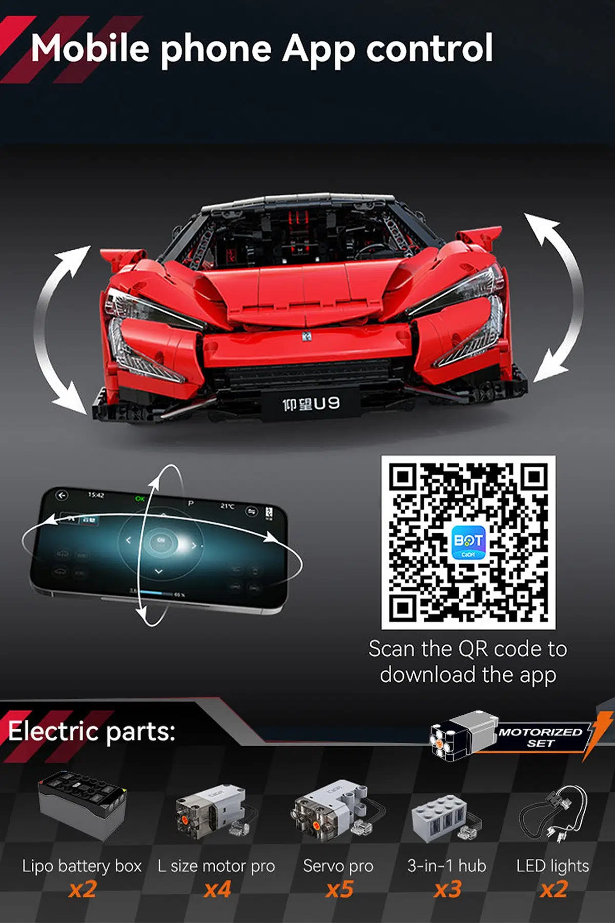 CADA 1:8 YangWang U9 Supercar 3671 Parça Araba Yapım Seti Mobil uygulama destekli kontrol C64011W