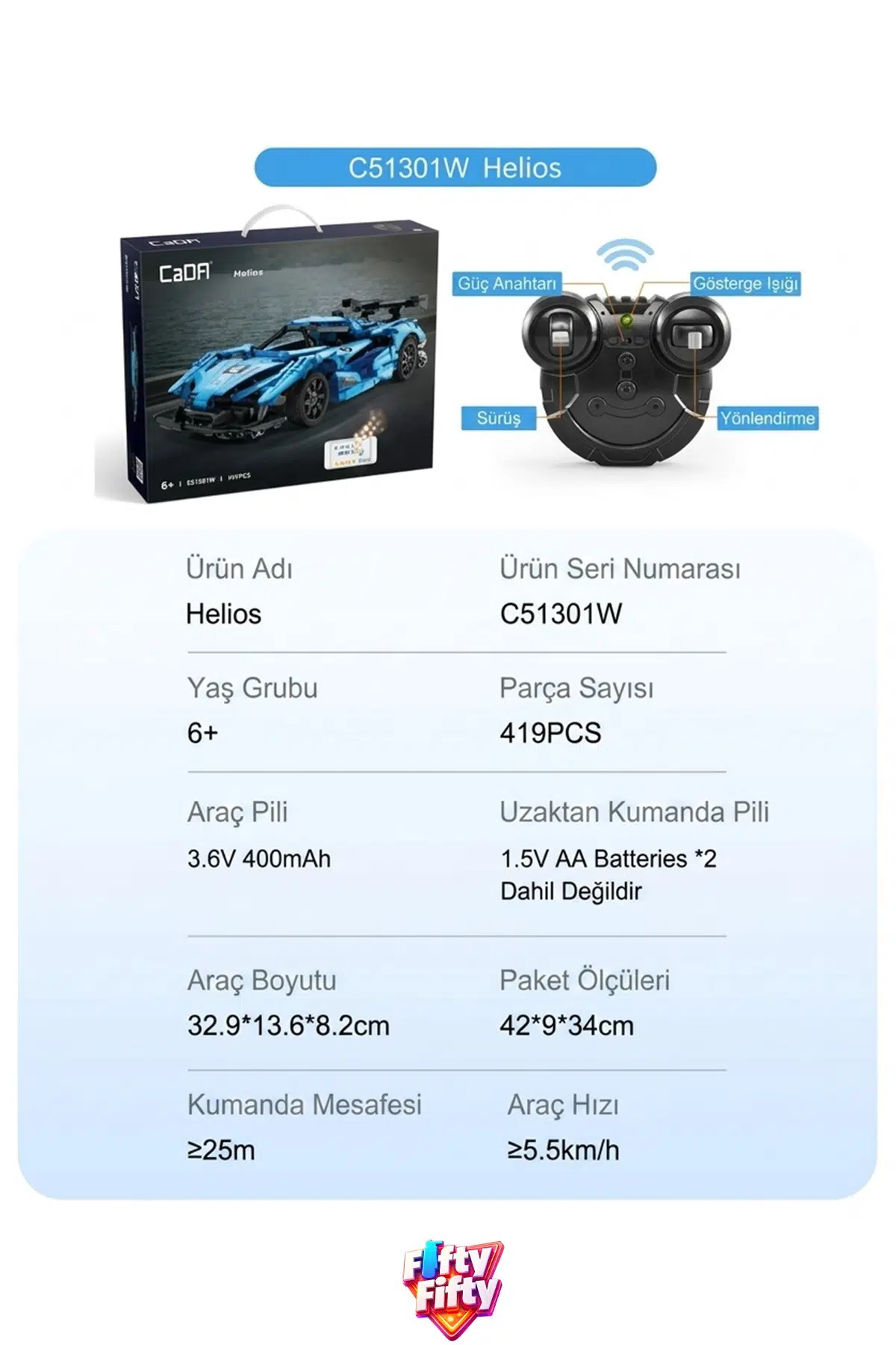 Cada Uzaktan Kumandalı Helios Spor Araba (419 Parça) Oyuncak Yapım Seti Blok Araba FFCADA-C51301W