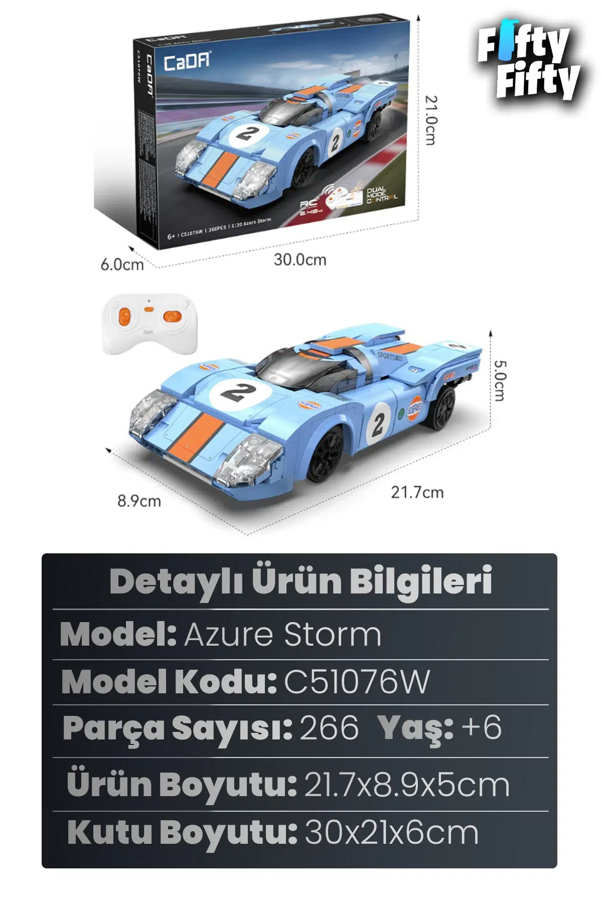 CADA Uzaktan Kumandalı Azure Storm 266 Parça Araba Yapım Seti Blok Araba -FFCADA-C51076W